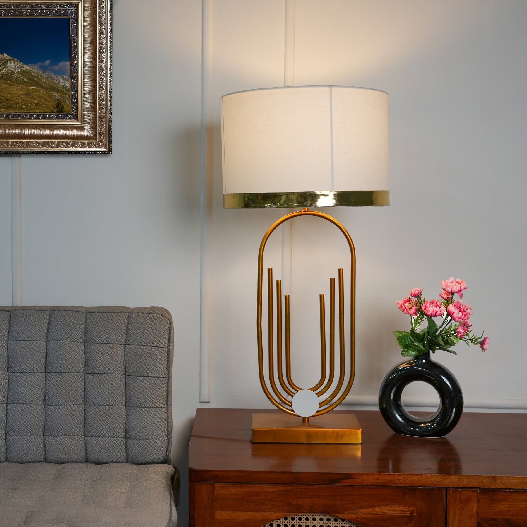 Modern Gold Table Lamp for Living Room & Bedroom | Table Lamp with Gold Ring Shade