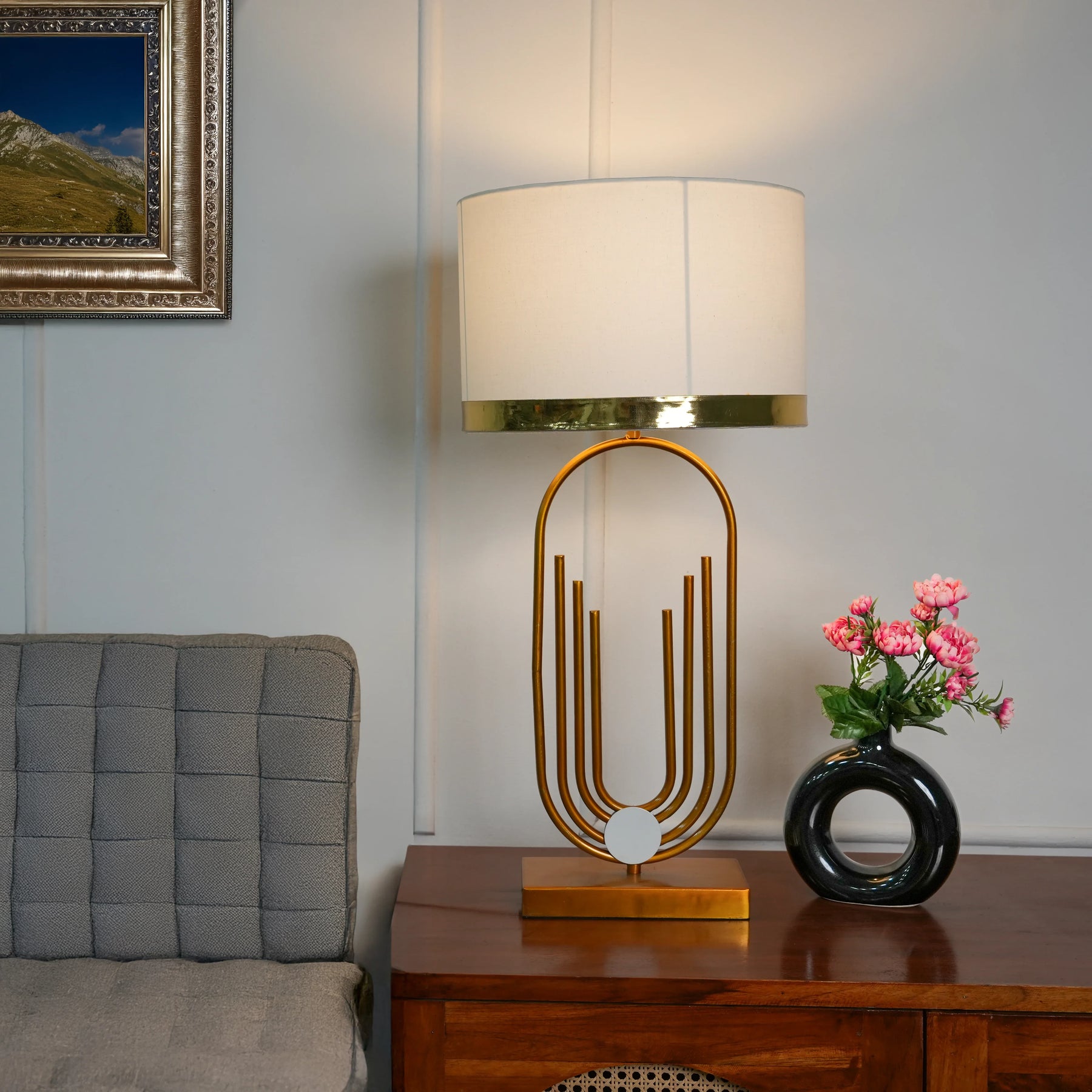 Modern Table Lamp with Gold Ring Shade for Living Room & Bedrooom