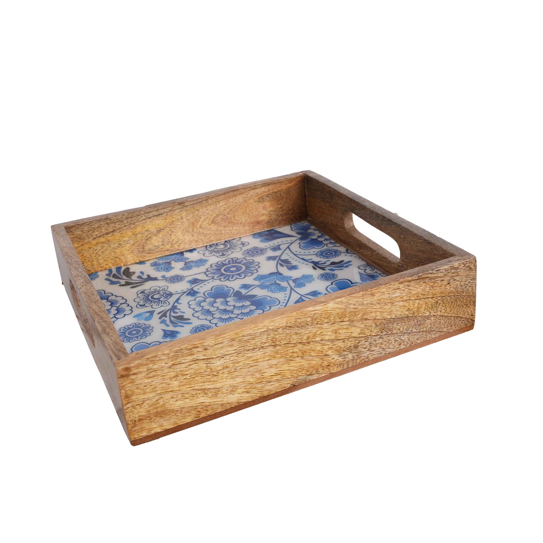 Decorative Square Mango Wood Serving Tray with Blue Floral Print