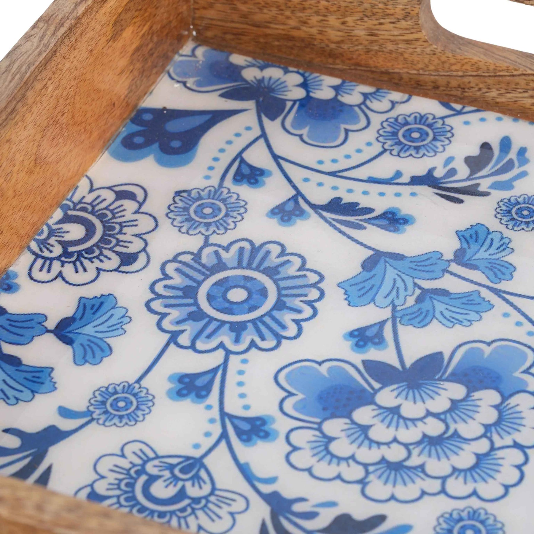 Decorative Square Mango Wood Serving Tray with Blue Floral Print