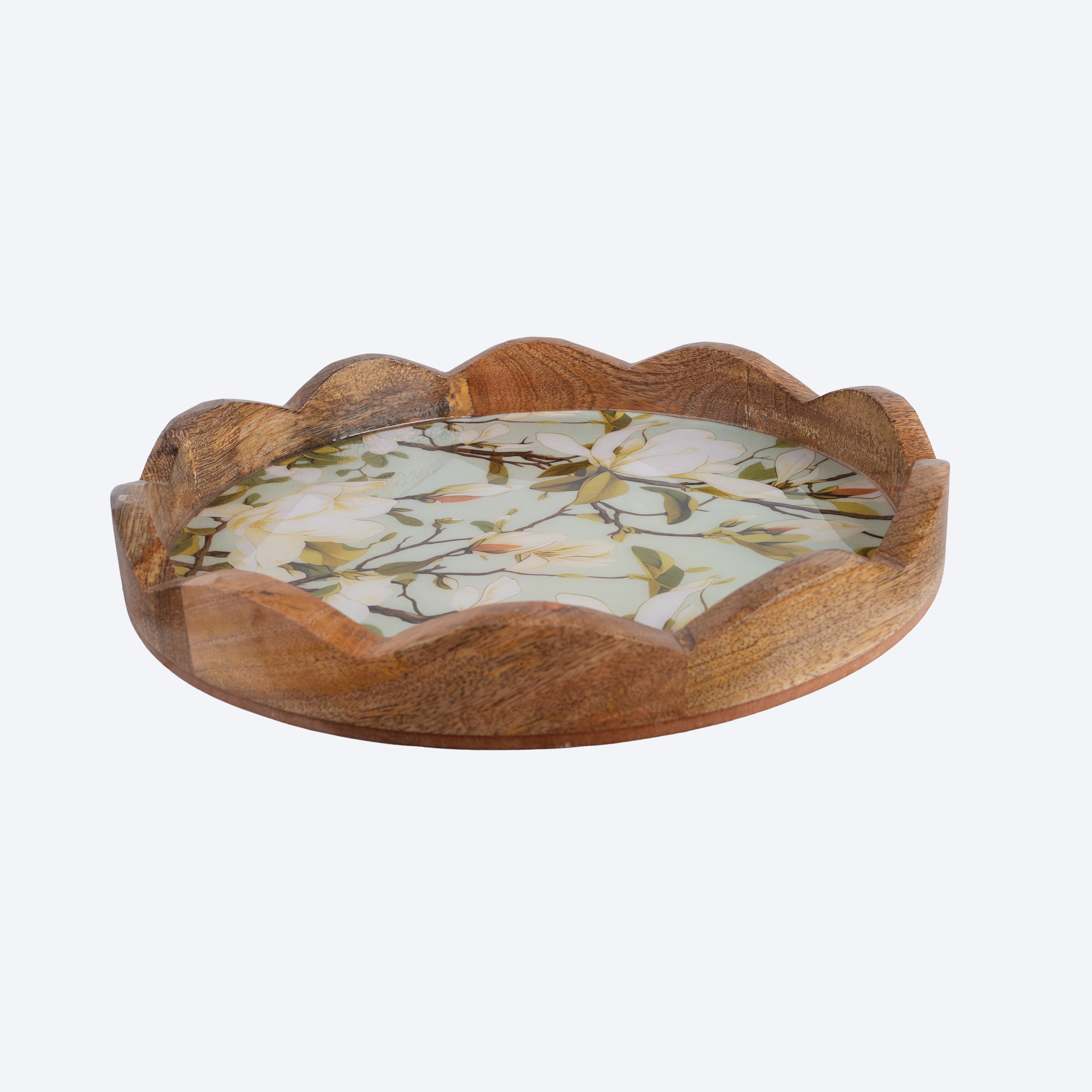 Mango-Wood Round Decorative Scallop Tray in Tropical Design