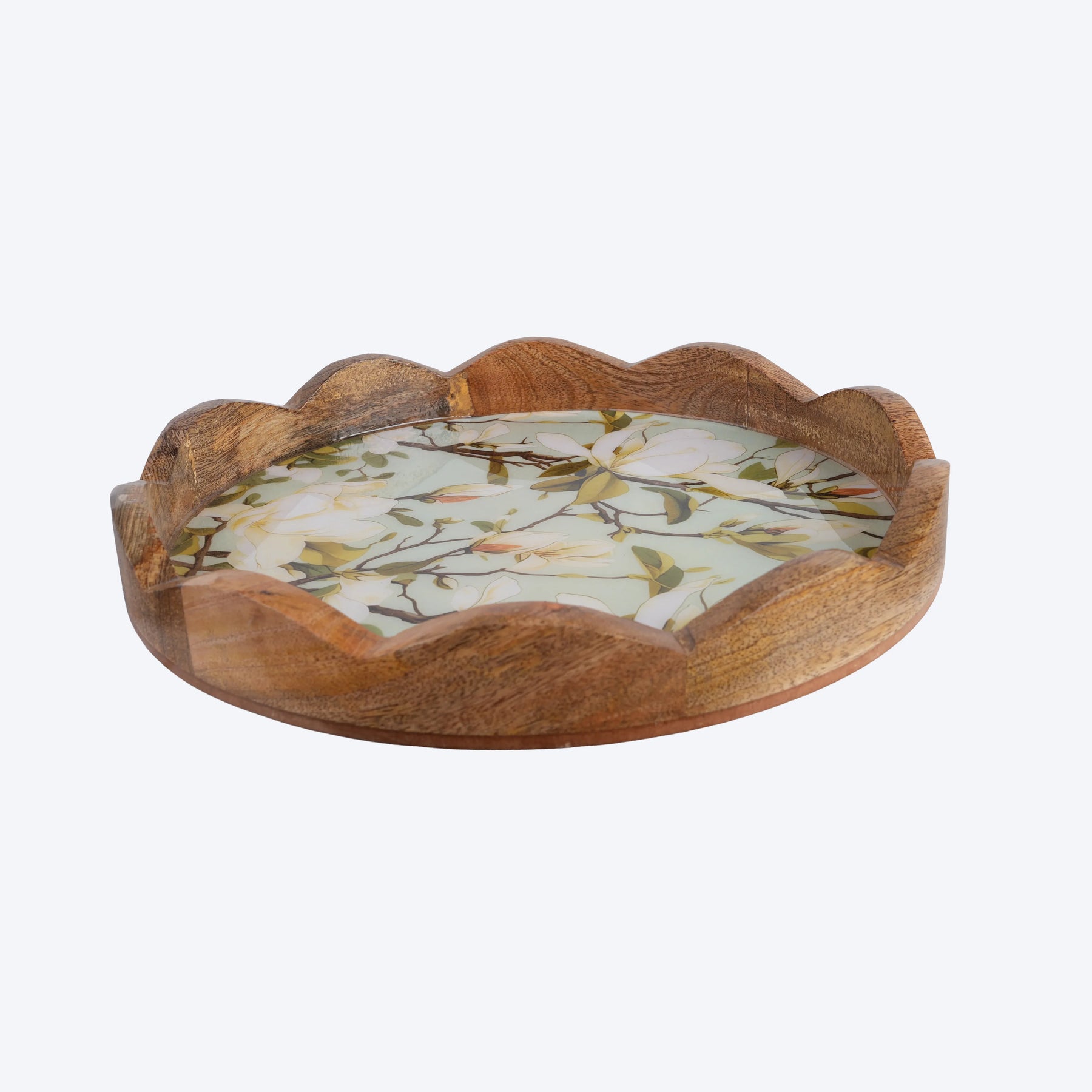 Mango-Wood Round Decorative Scallop Tray in Tropical Design