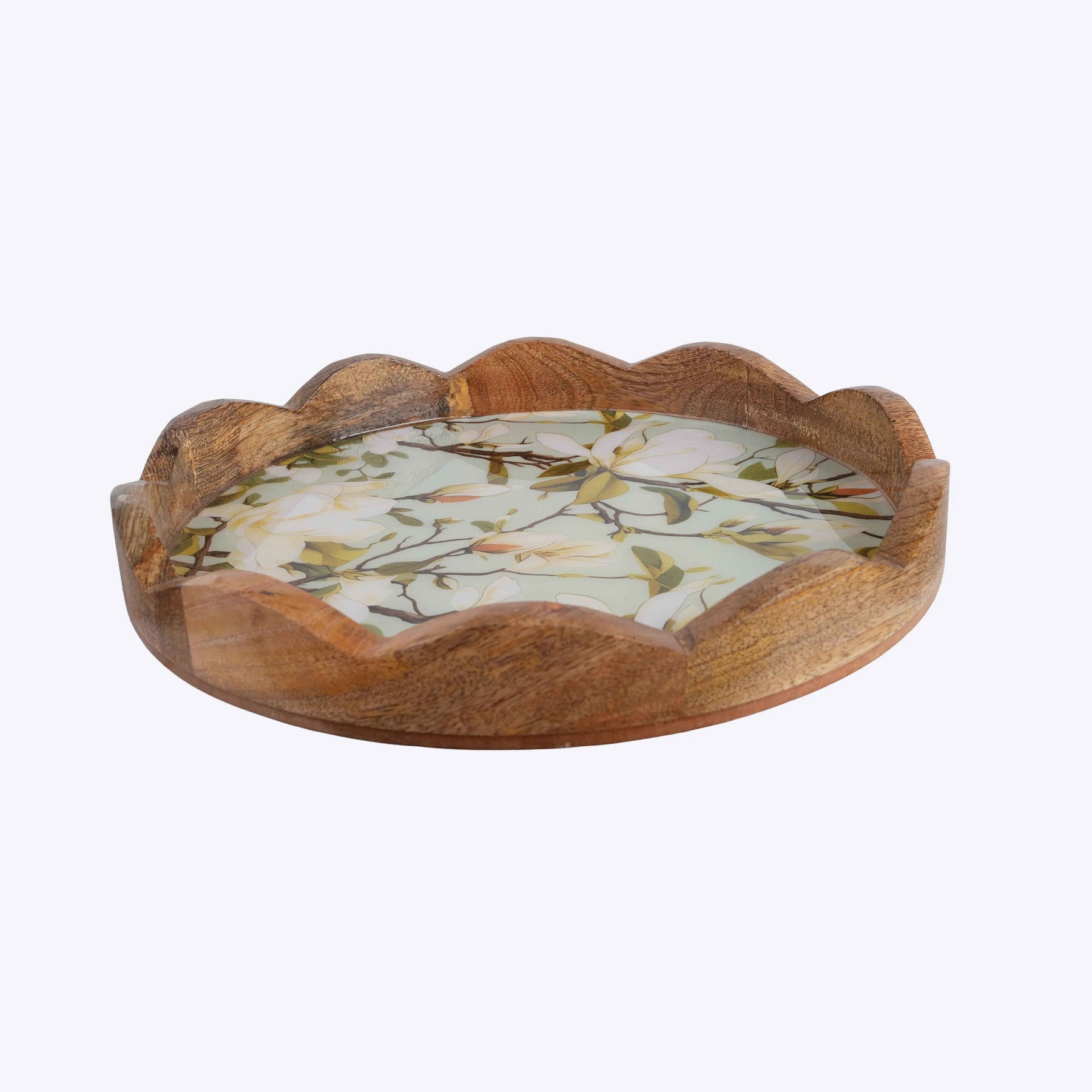 Round Mango Wood Serving Tray with White Magnolia Floral Print