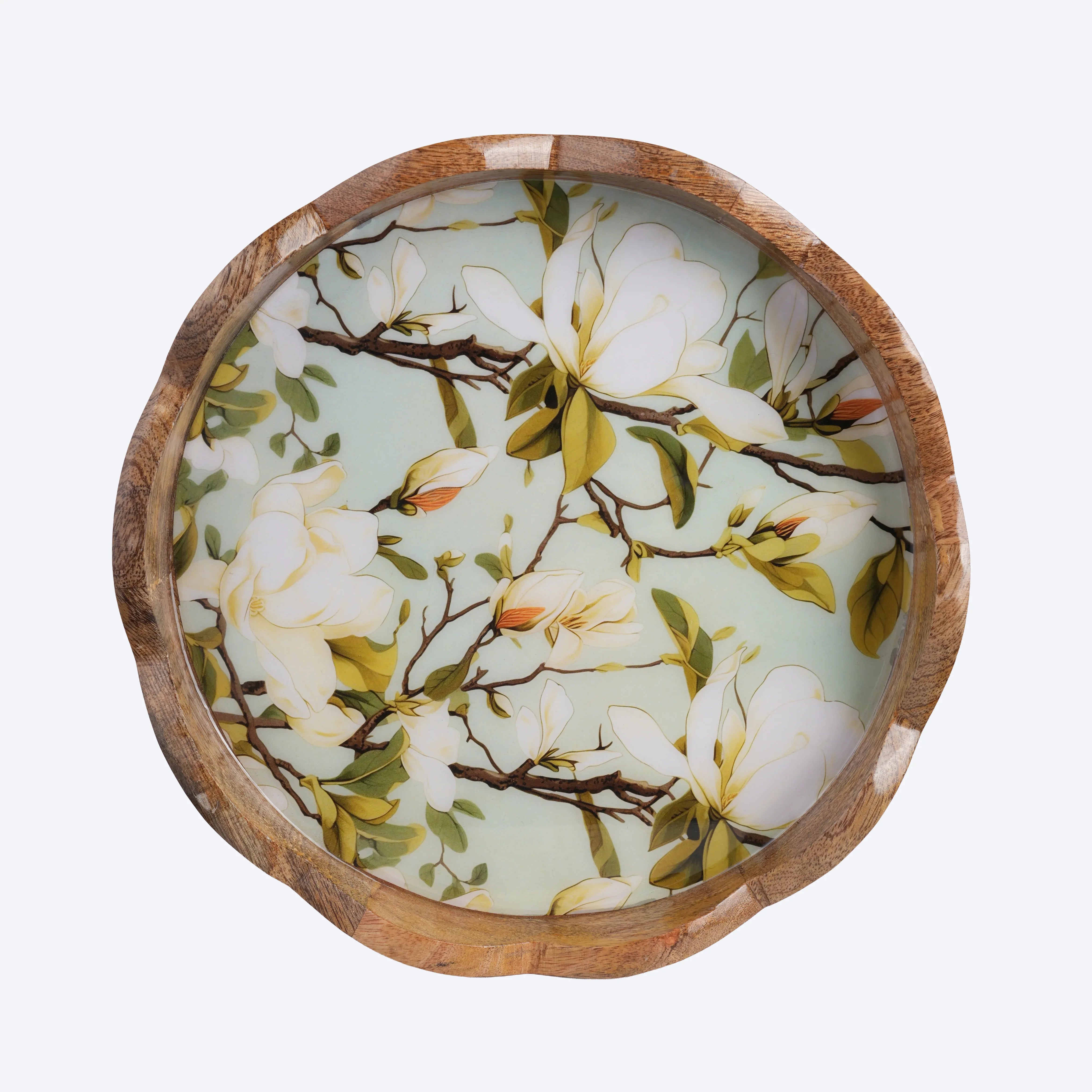 Mango-Wood Round Decorative Scallop Tray in Tropical Design
