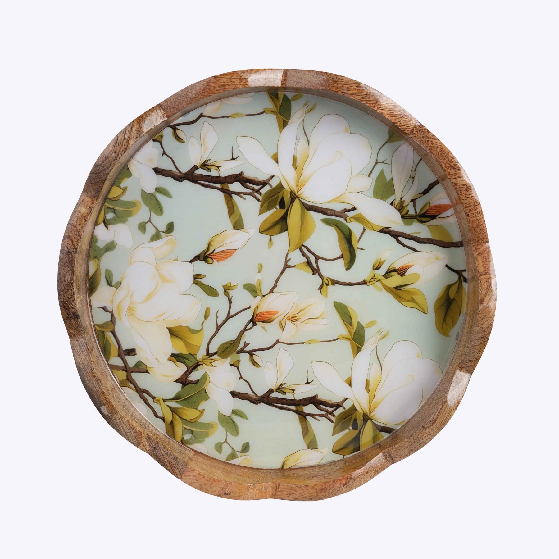 Round Mango Wood Serving Tray with White Magnolia Floral Print