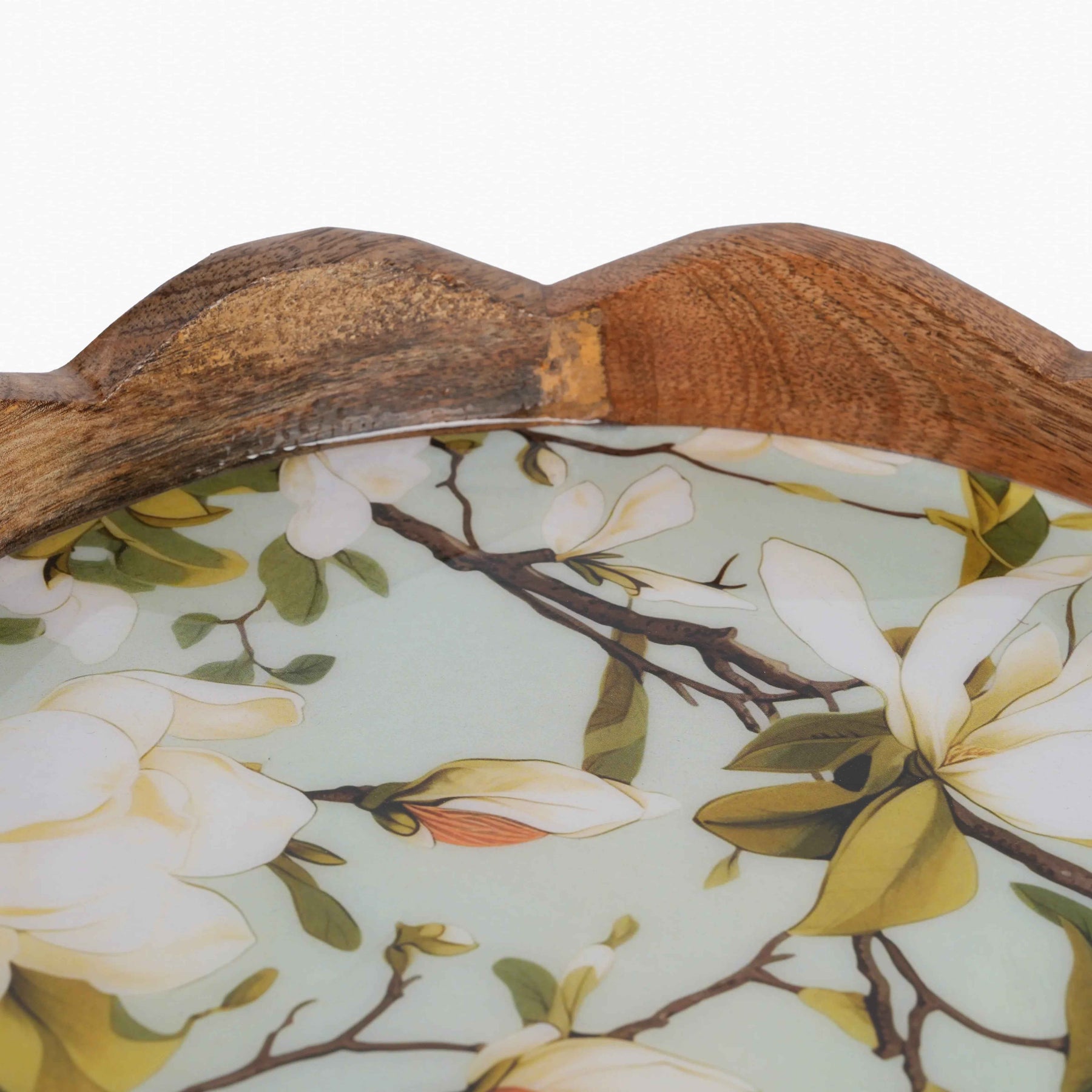 Round Mango Wood Serving Tray with White Magnolia Floral Print
