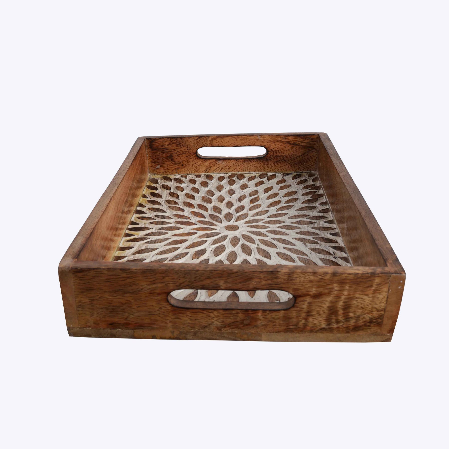 Premium Rustic Wooden Serving Tray with White Floral Pattern
