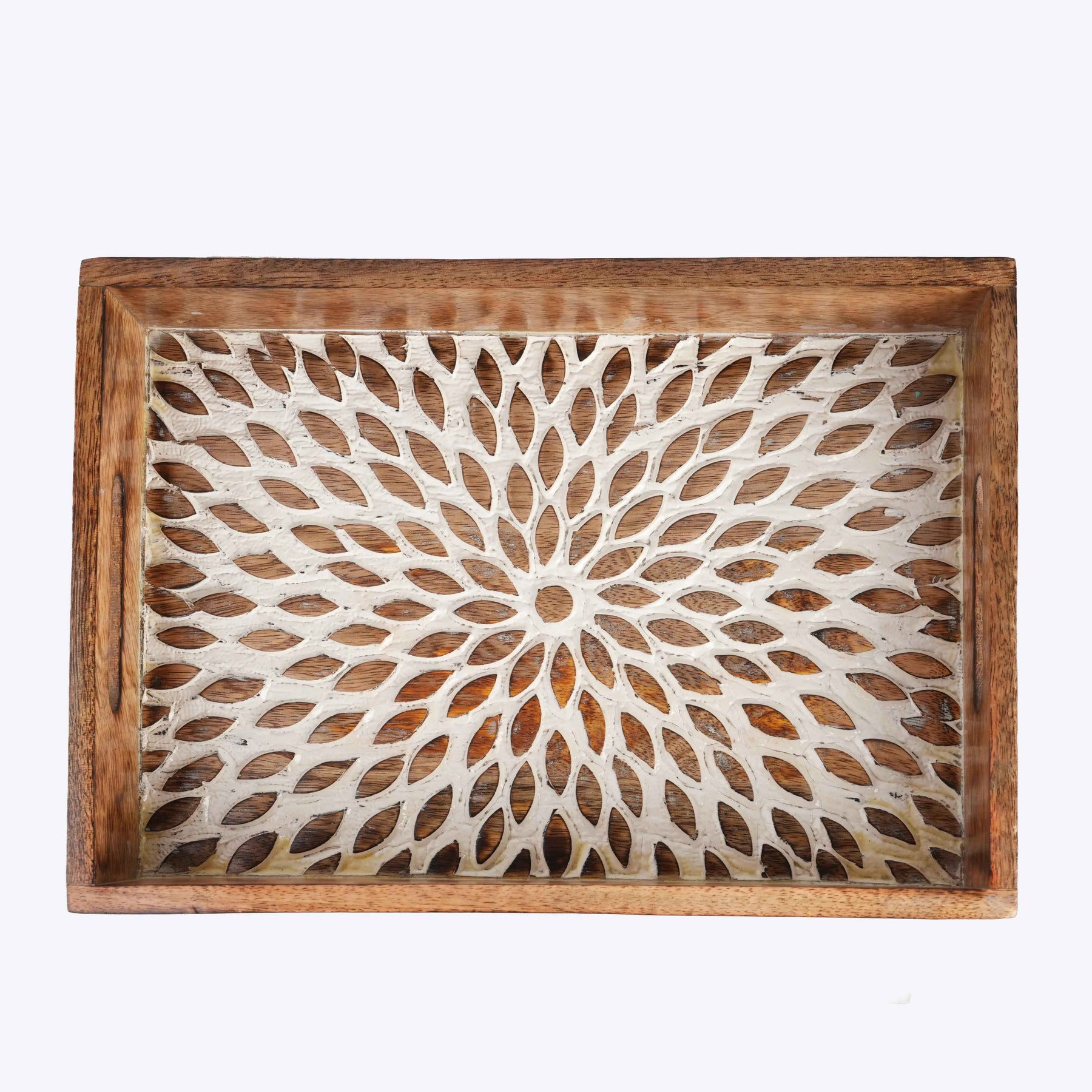 Premium Rustic Wooden Serving Tray with White Floral Pattern
