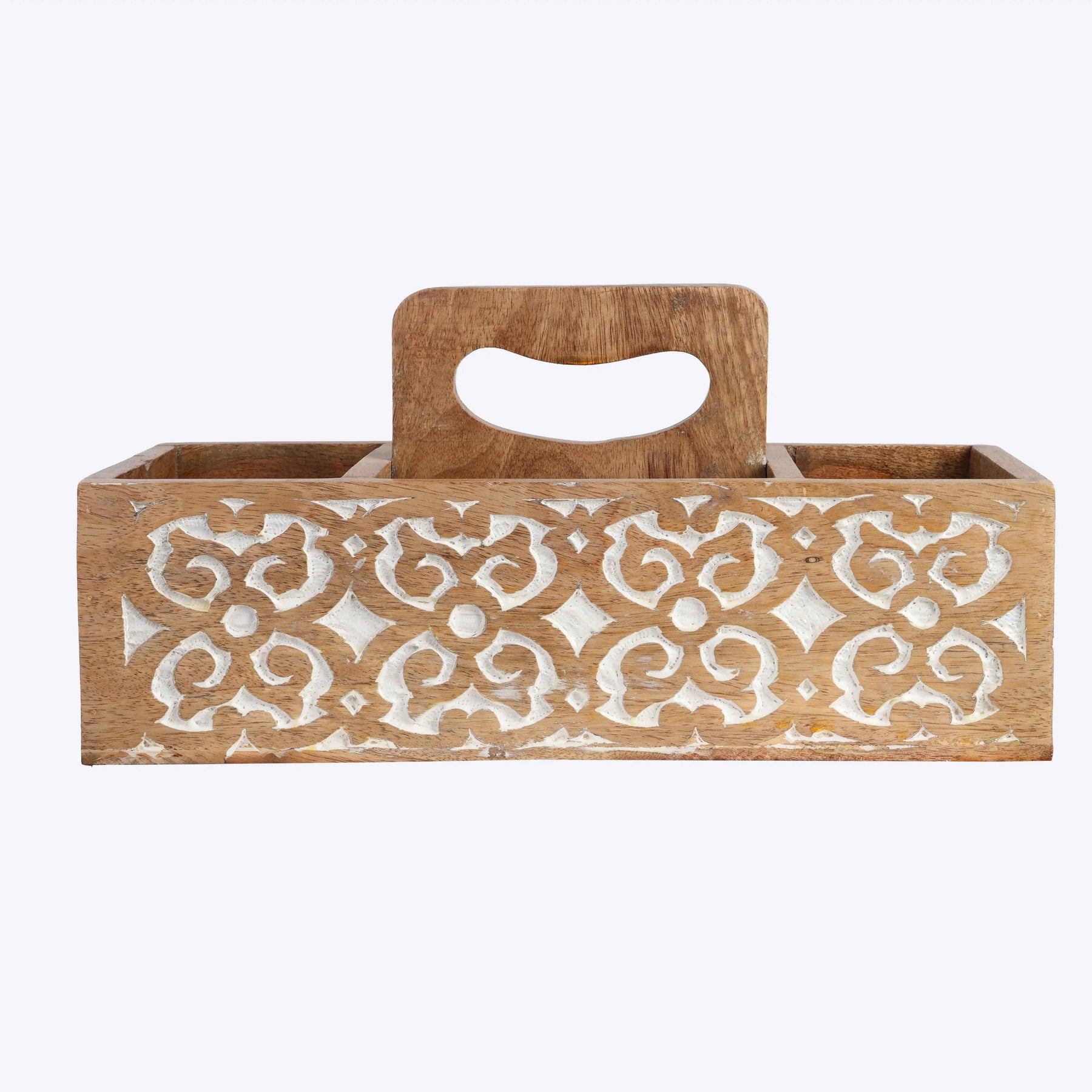 Handcrafted Mango Wood Cutlery Holder with White Floral Design