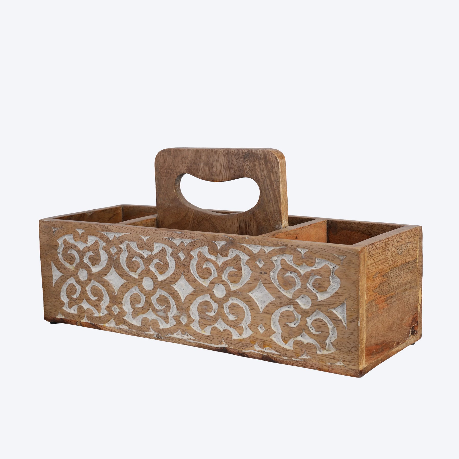 Handcrafted Mango Wood Cutlery Holder with White Floral Design