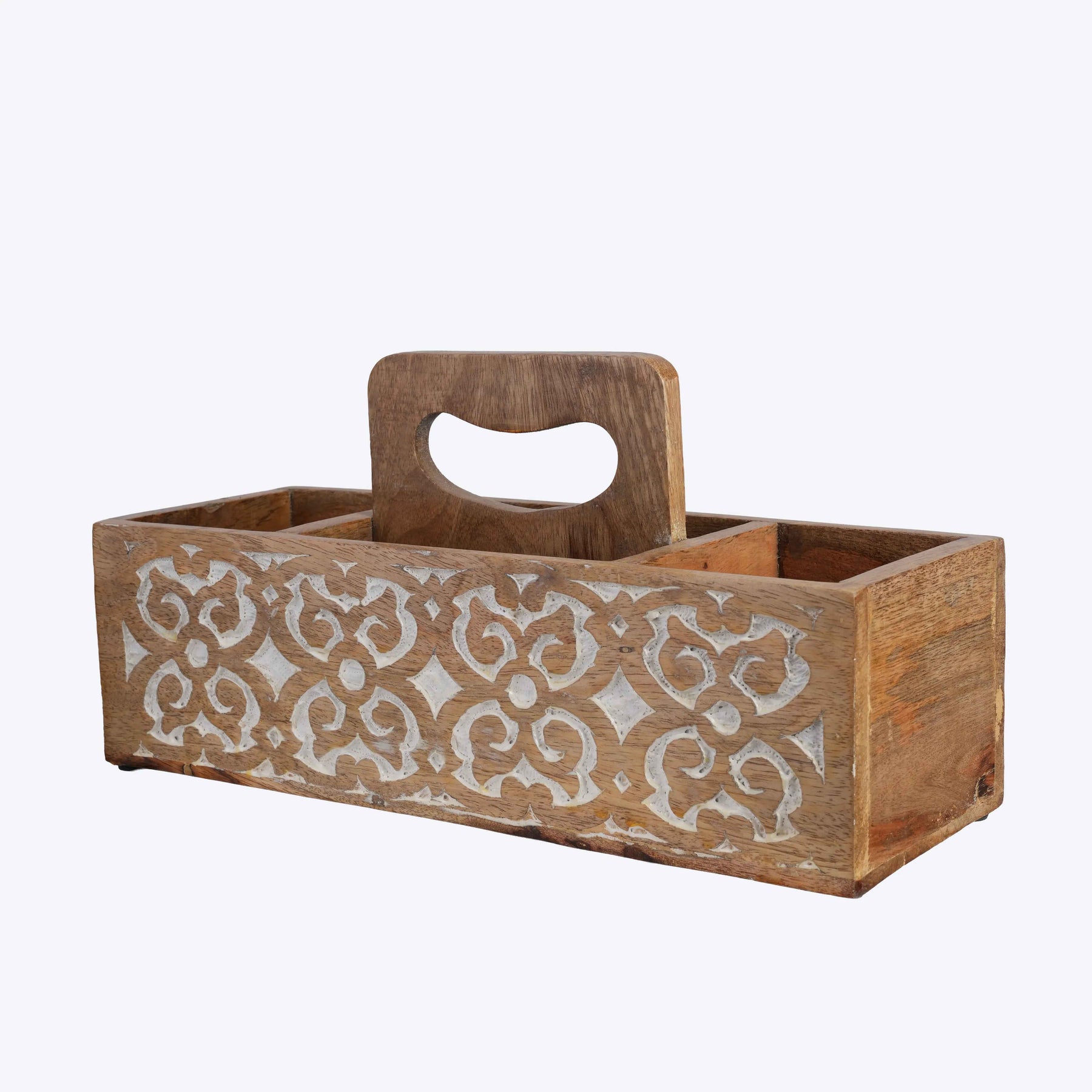 Handcrafted Mango Wood Cutlery Holder with White Floral Design