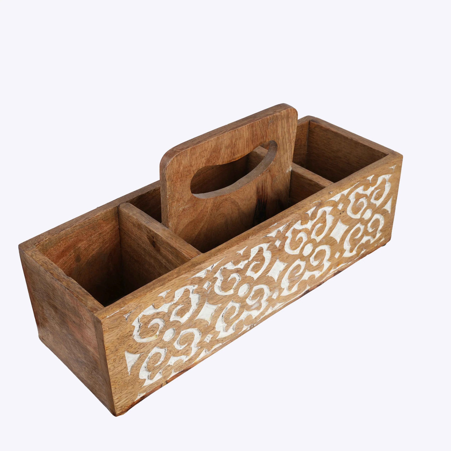 Handcrafted Mango Wood Cutlery Holder with White Floral Design