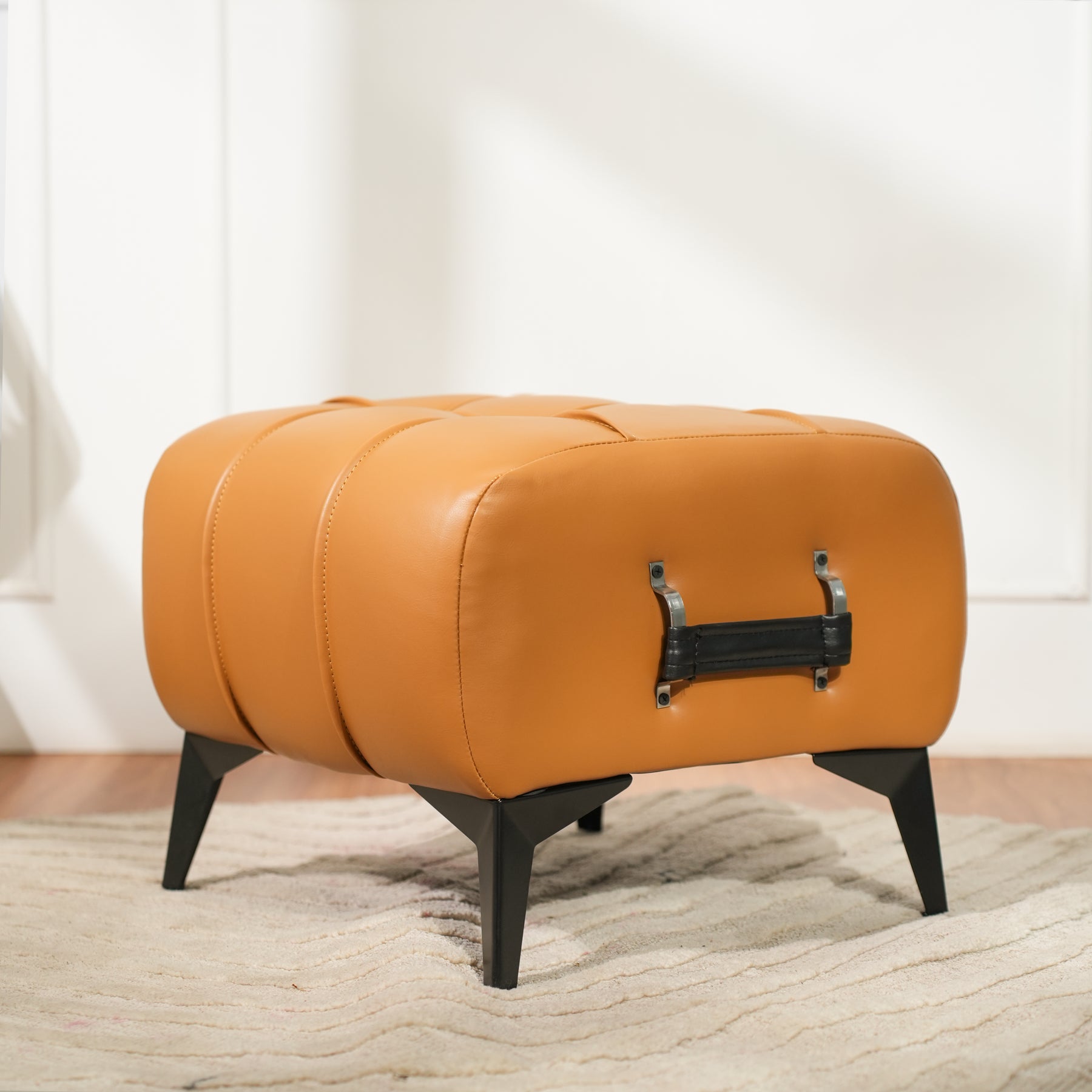 Modern Tufted Leather Ottoman with Handle