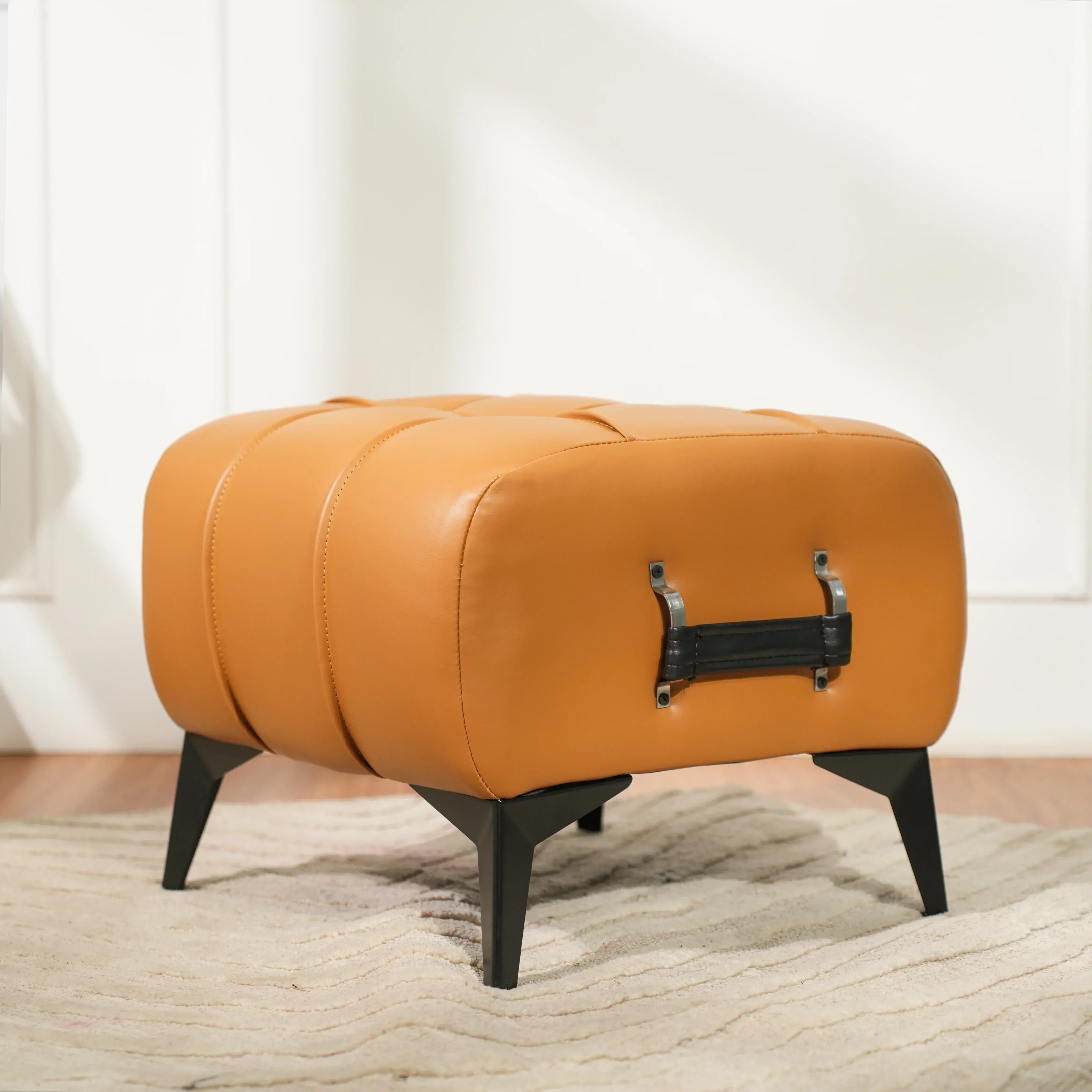 Modern Tan Leather Tufted Ottoman with Black Handle