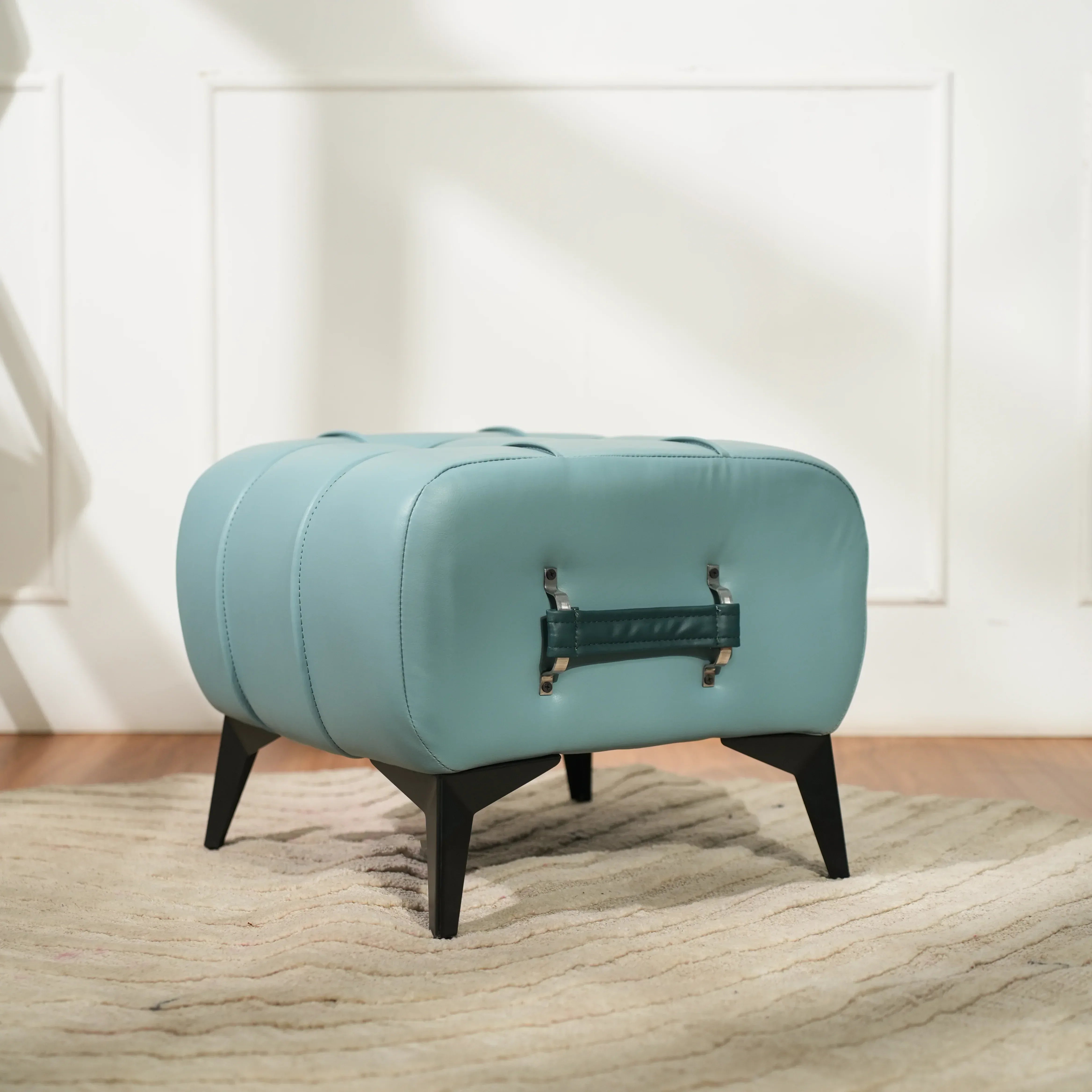 Modern Sky Blue Leather Tufted Ottoman with Dark Blue Handle