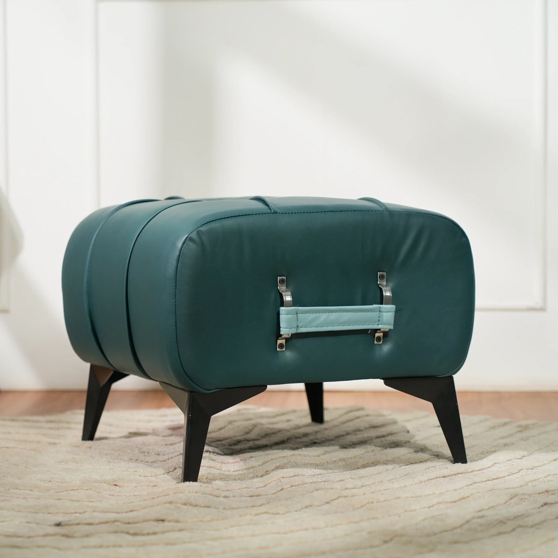Modern Dark Blue Tufted Ottoman with Sky Blue Handle