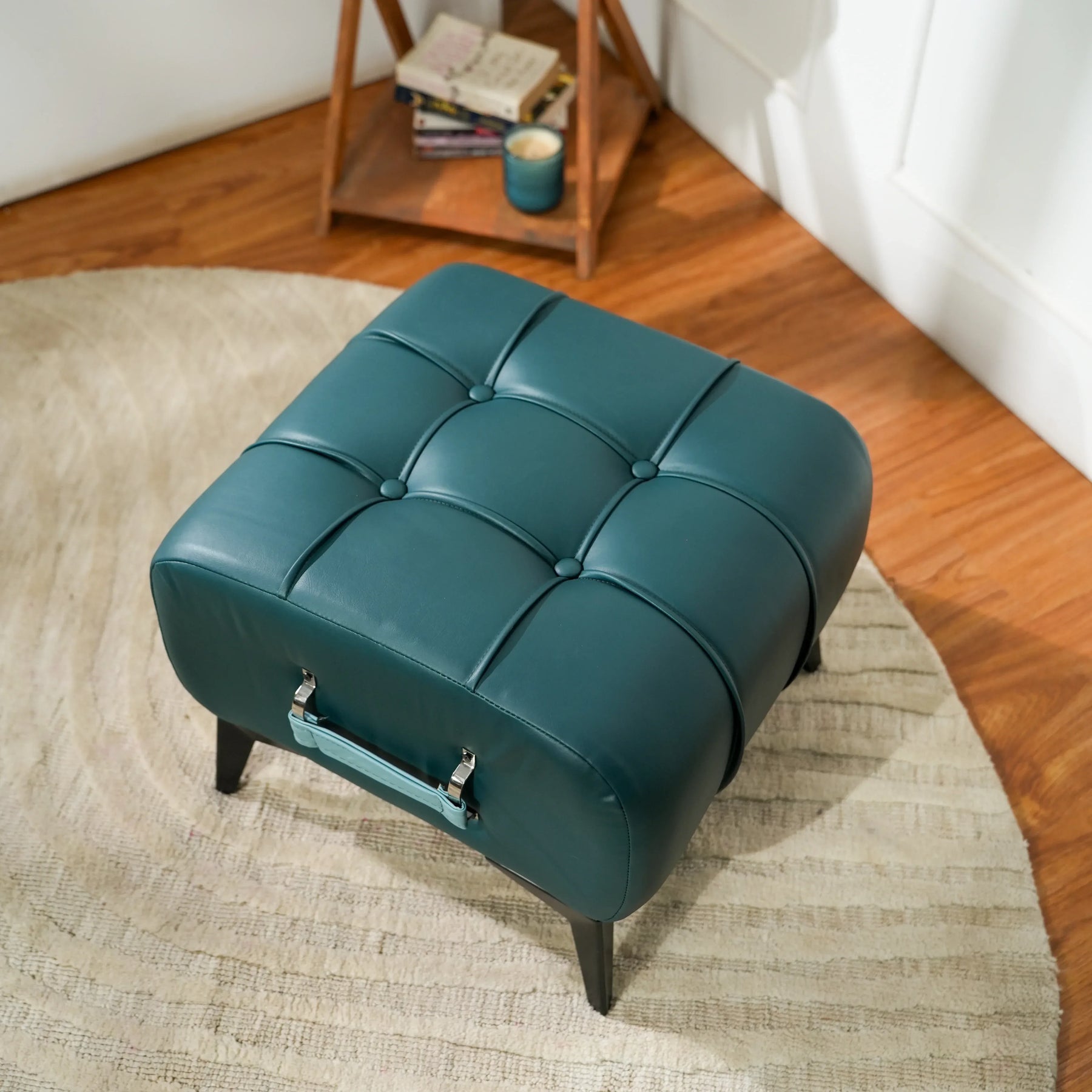 Modern Dark Blue Tufted Ottoman with Sky Blue Handle