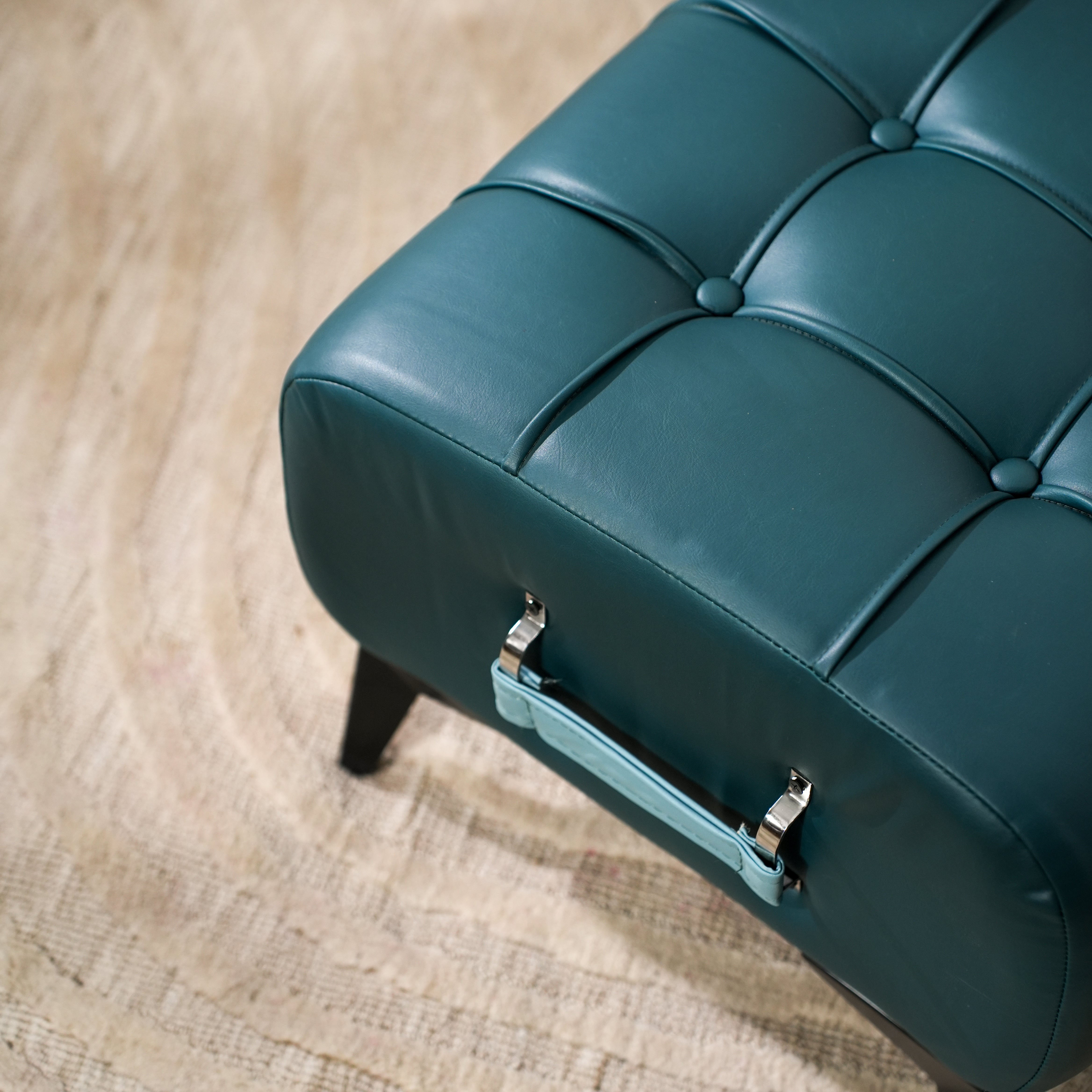 Modern Dark Blue Tufted Ottoman with Sky Blue Handle