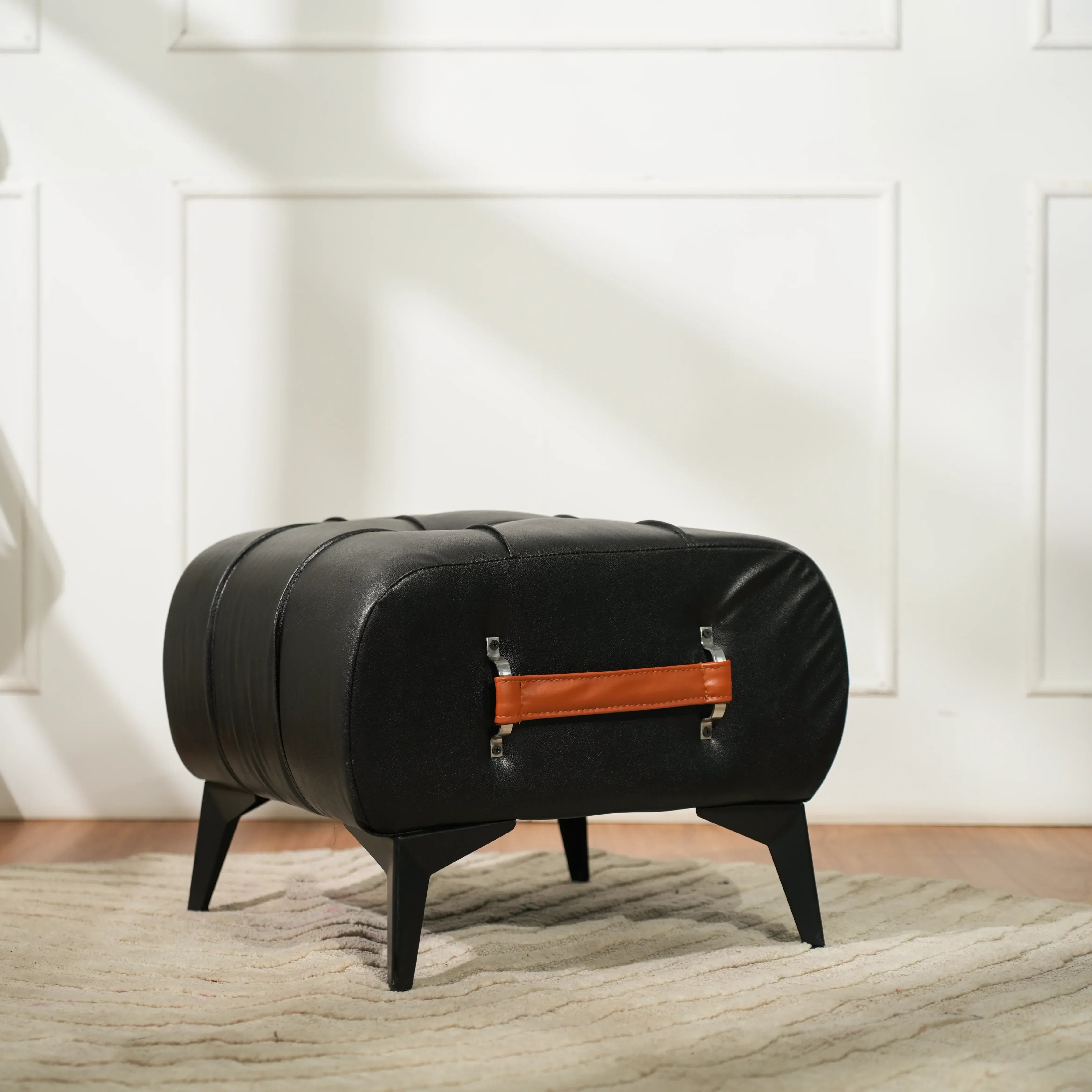Modern Black Leather Tufted Ottoman with Golden Handle