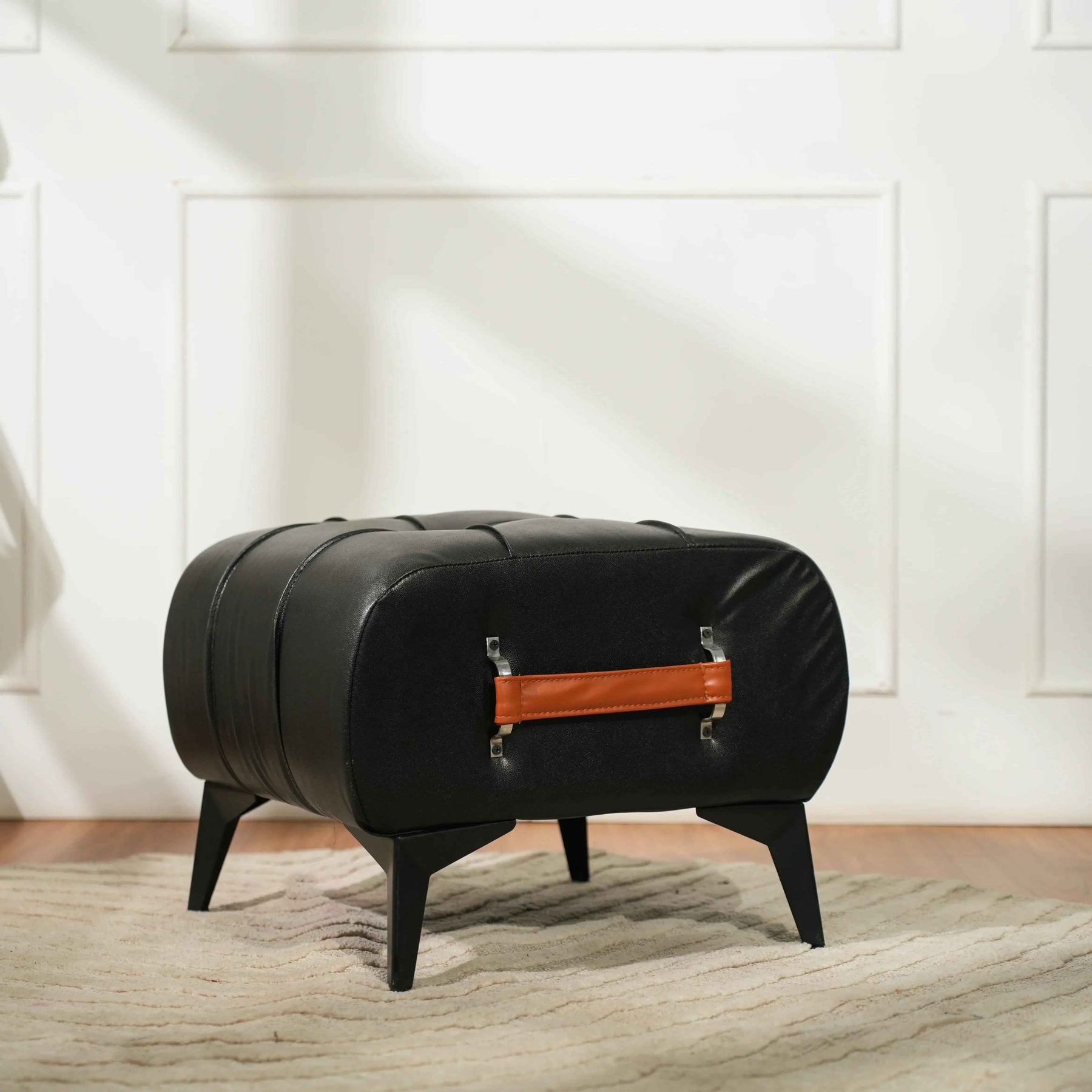 Modern Tufted Leather Ottoman with Handle