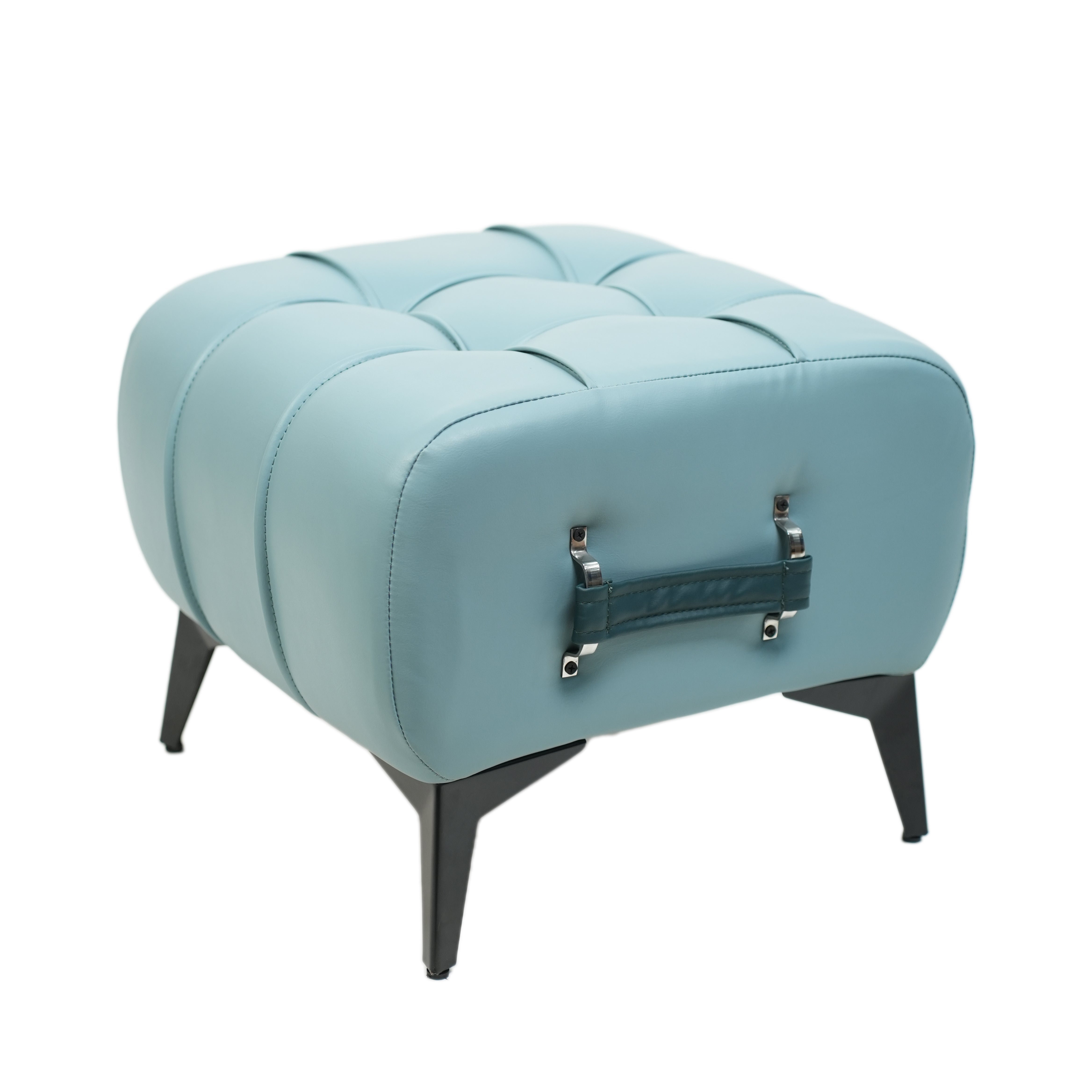 Modern Sky Blue Tufted Ottoman with Dark Blue Handle