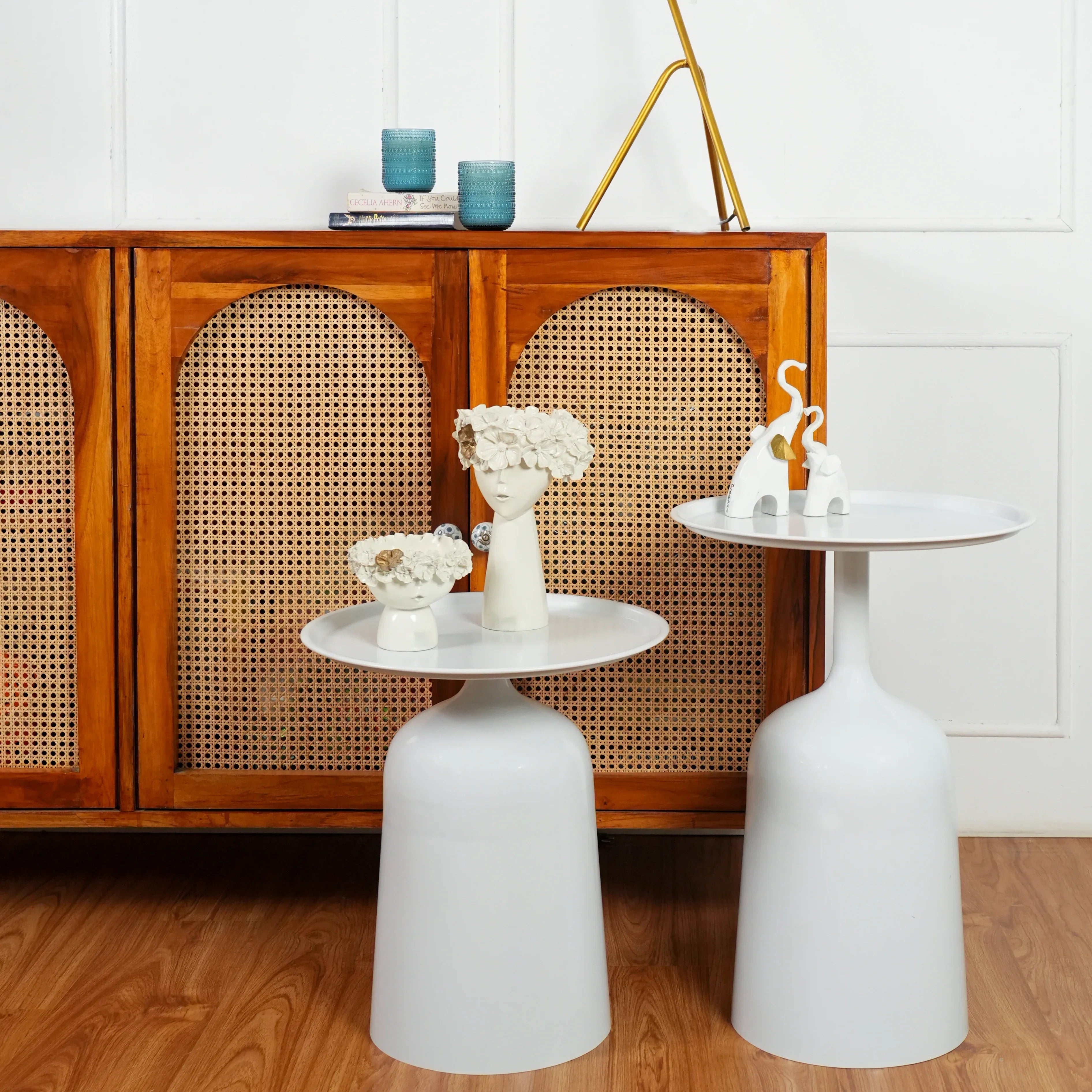 Modern White Metal Nesting Side Tables - Set of 2 with Tray Top