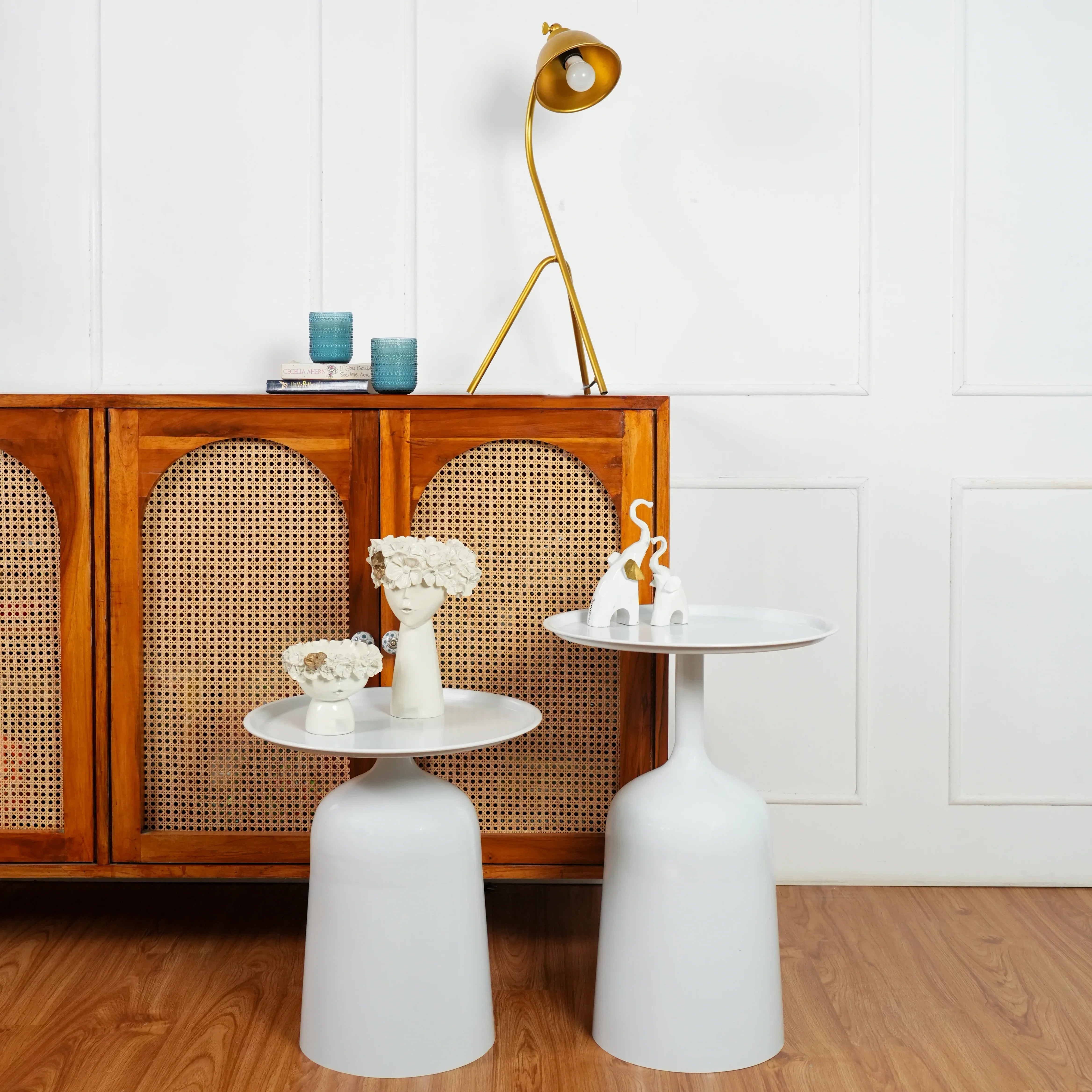 Modern White Metal Nesting Side Tables - Set of 2 with Tray Top