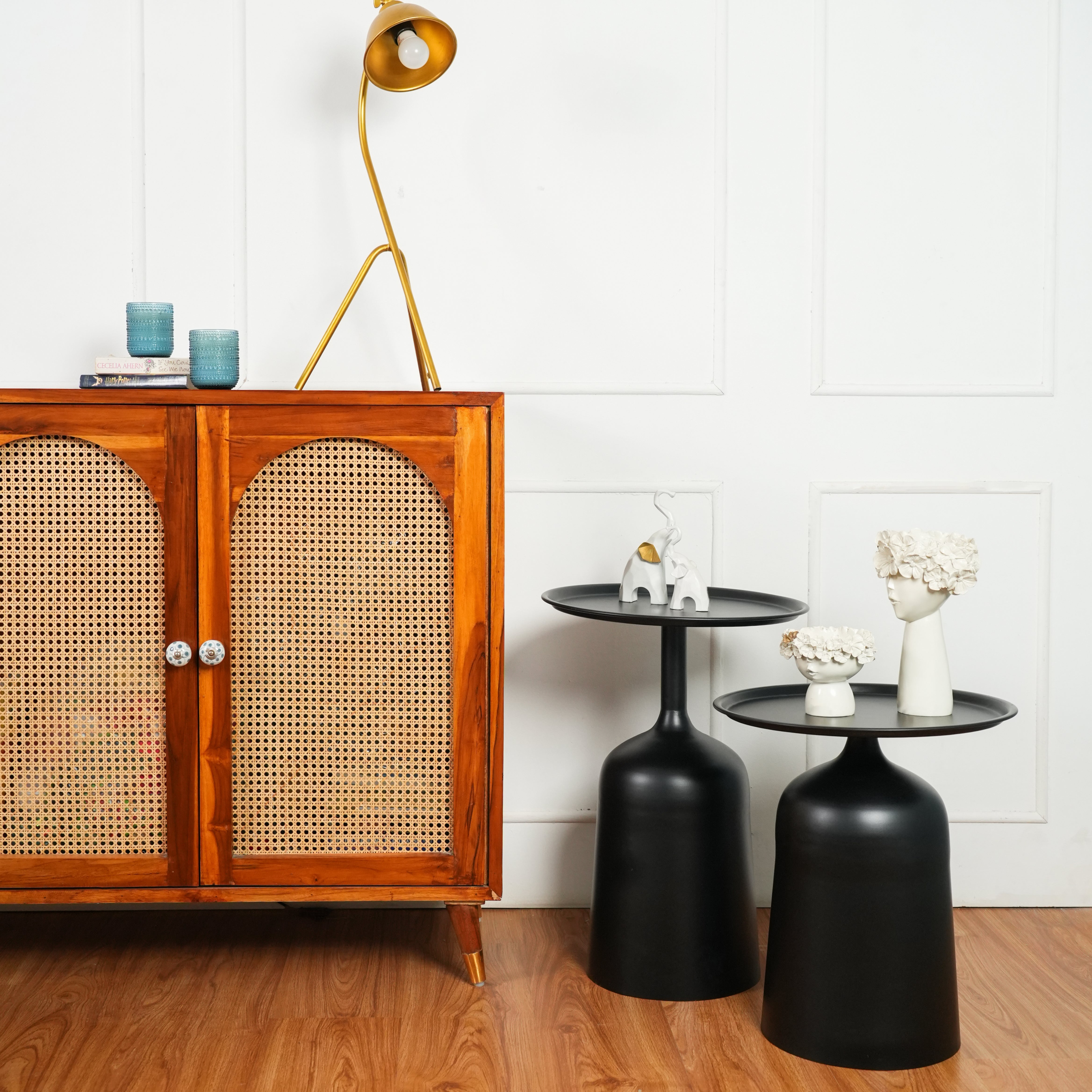 Modern Black Metal Nesting Side Tables - Set of 2 with Tray Top
