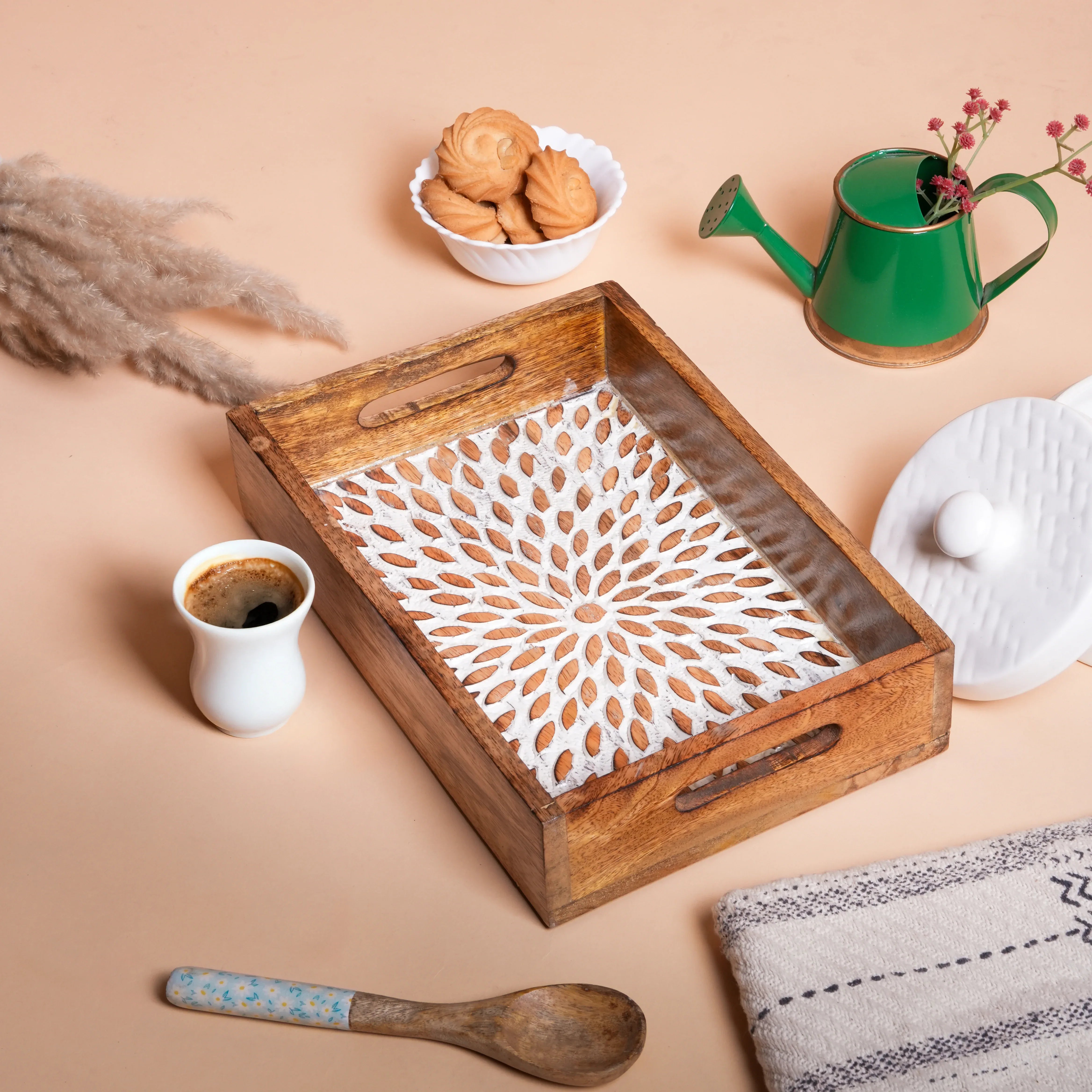 Wooden Serving Tray in Brown Sculpted Design