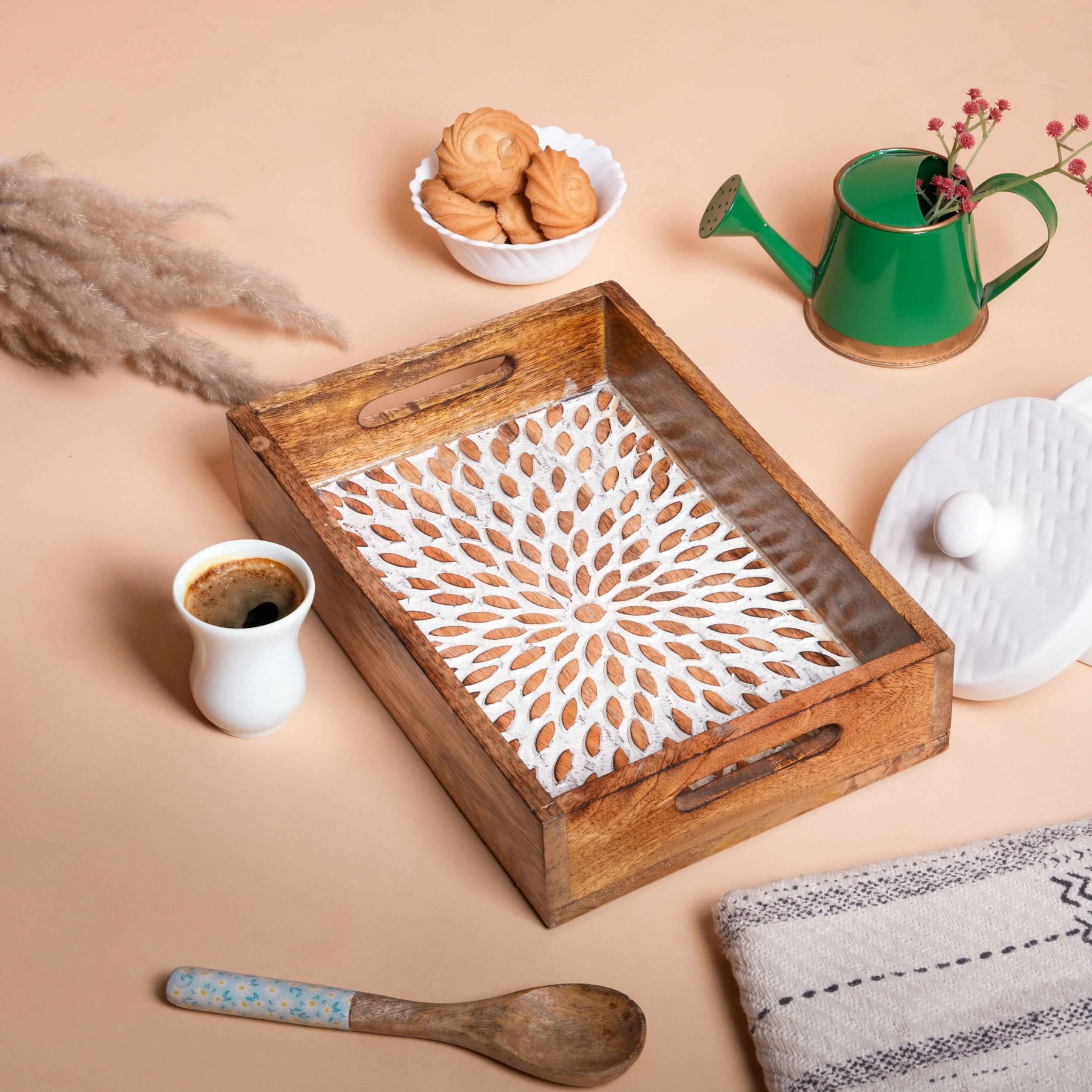 Premium Rustic Wooden Serving Tray with White Floral Pattern