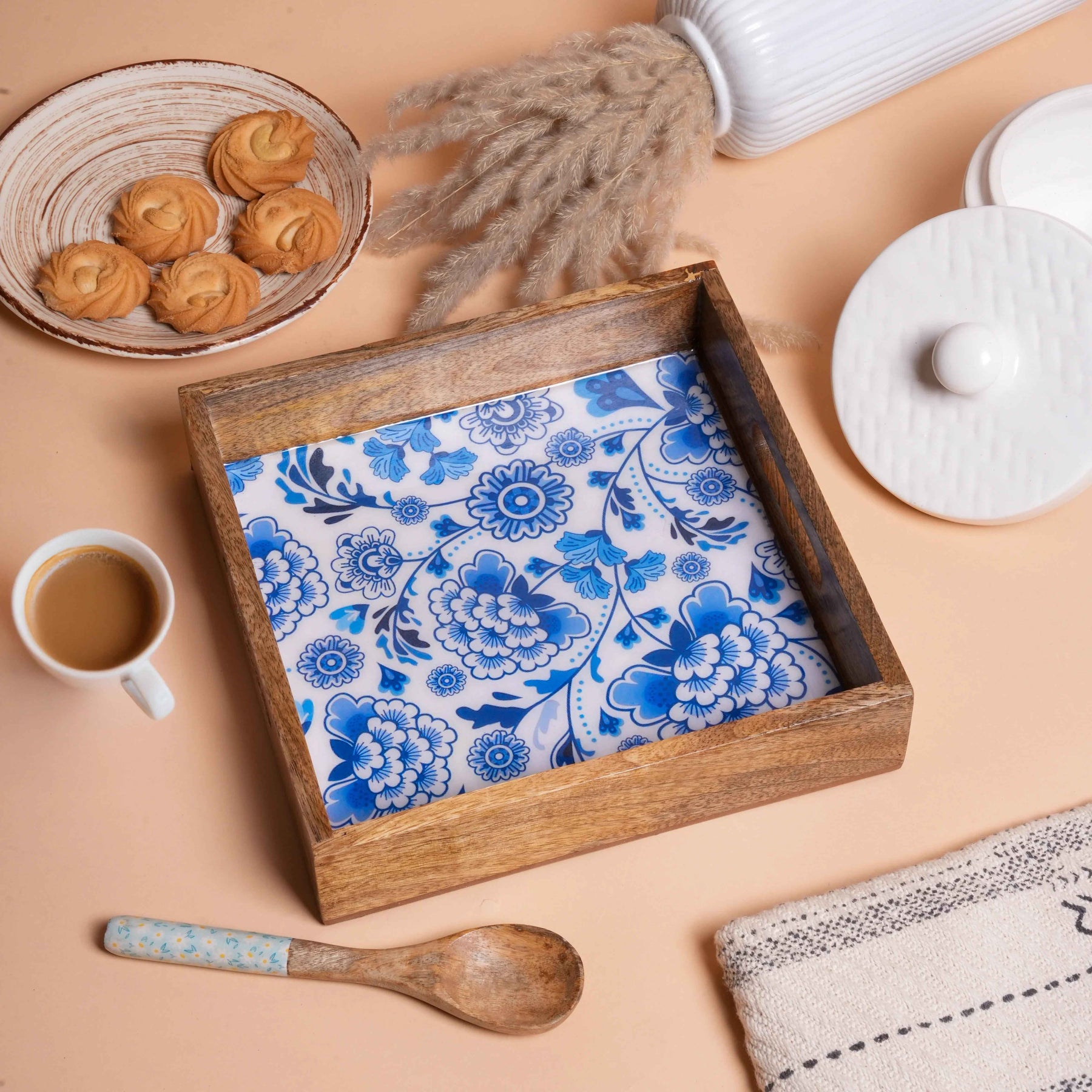 Decorative Square Mango Wood Serving Tray with Blue Floral Print