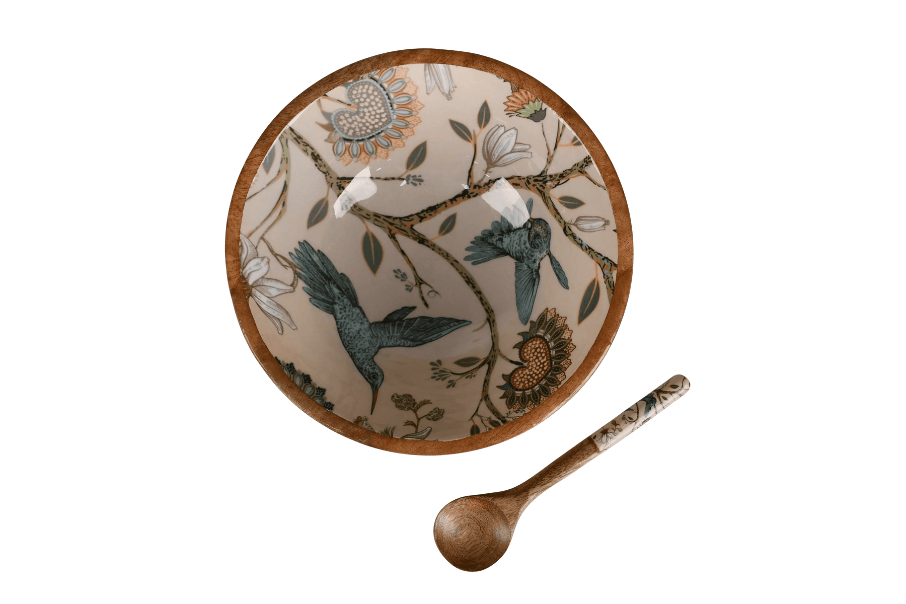 Wooden Serving Big Bowl with Spoon in Hummingbird Floral Design