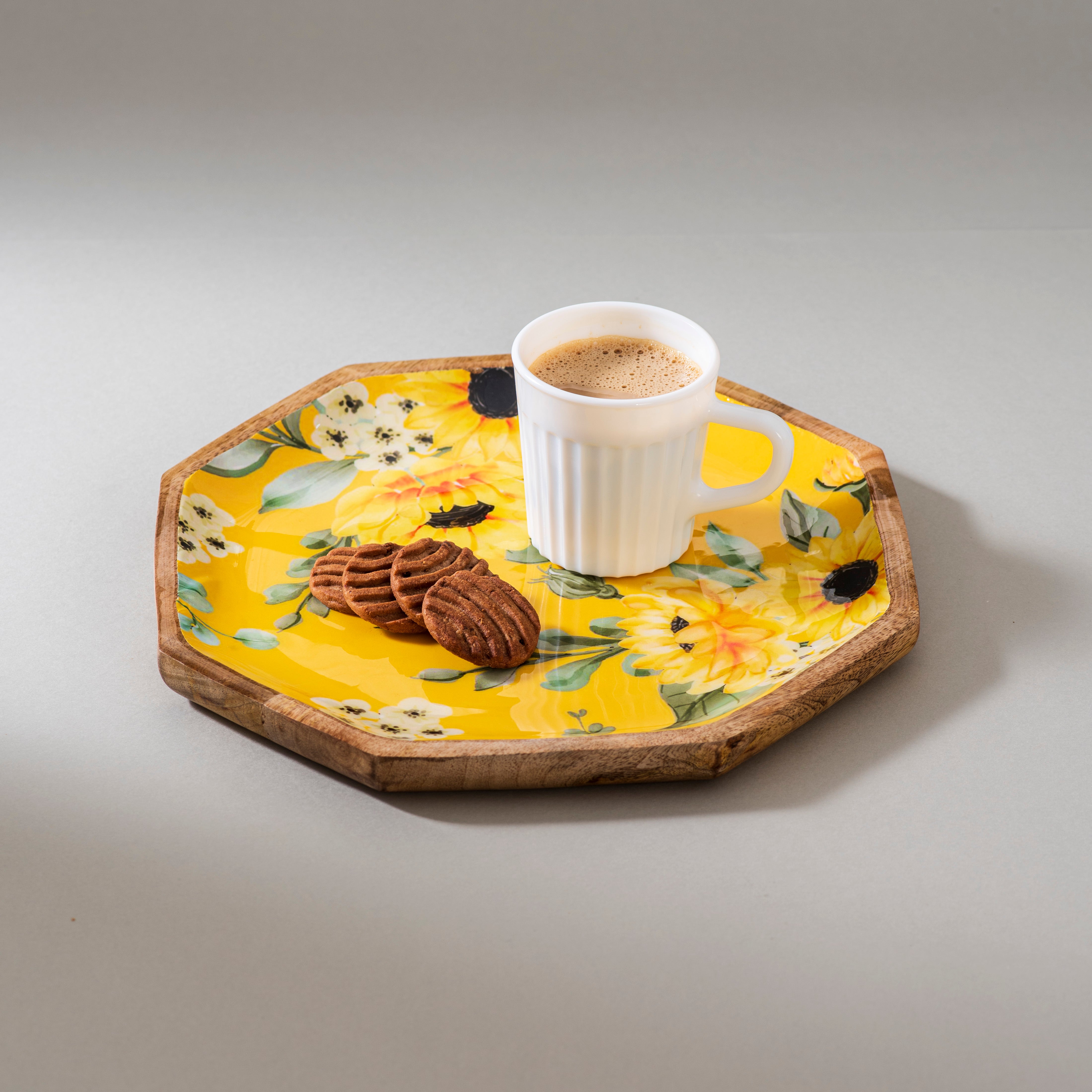 Handcrafted Mango-Wood Yellow Sunflower Printed Platters Tray-Set Of 2