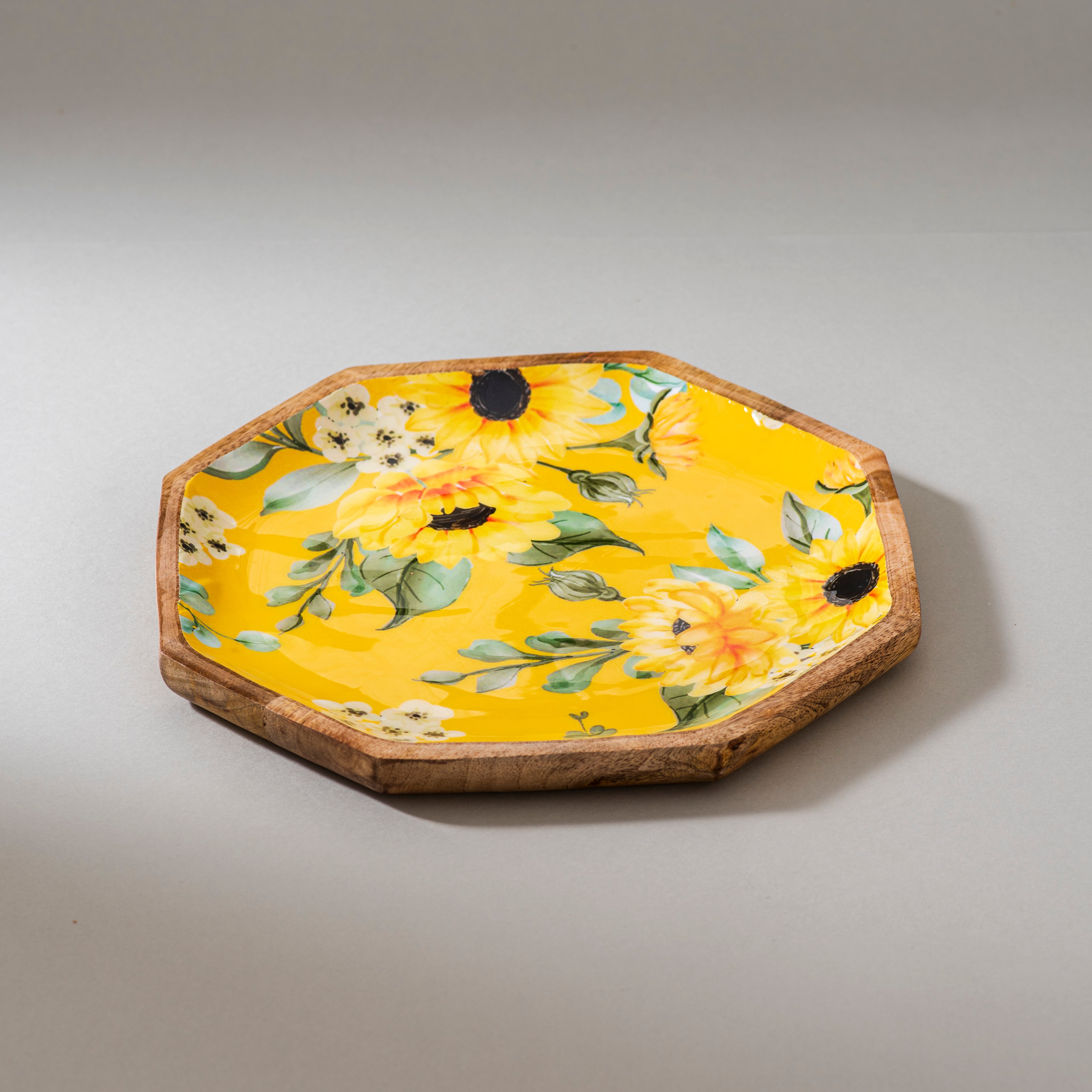 Handcrafted Mango-Wood Yellow Sunflower Printed Platters Tray-Set Of 2