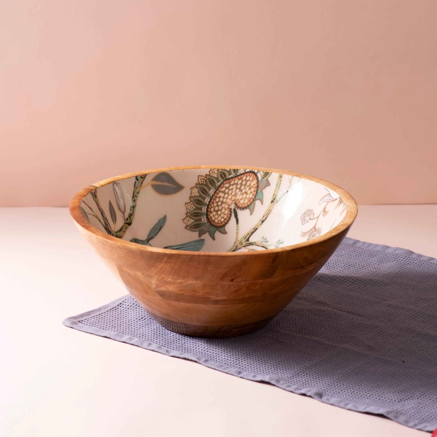 Wooden Serving Big Bowl with Spoon in Hummingbird Floral Design