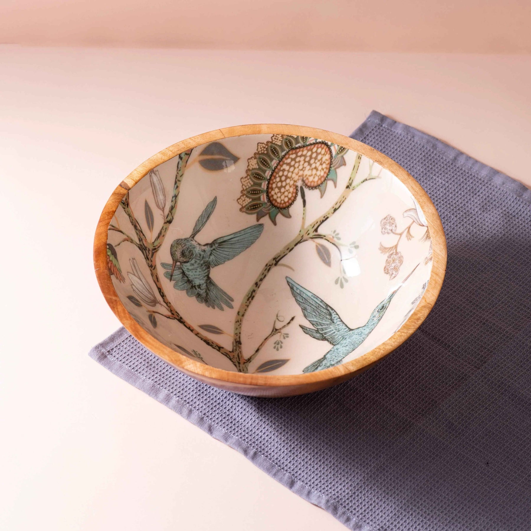 Wooden Serving Big Bowl with Spoon in Hummingbird Floral Design