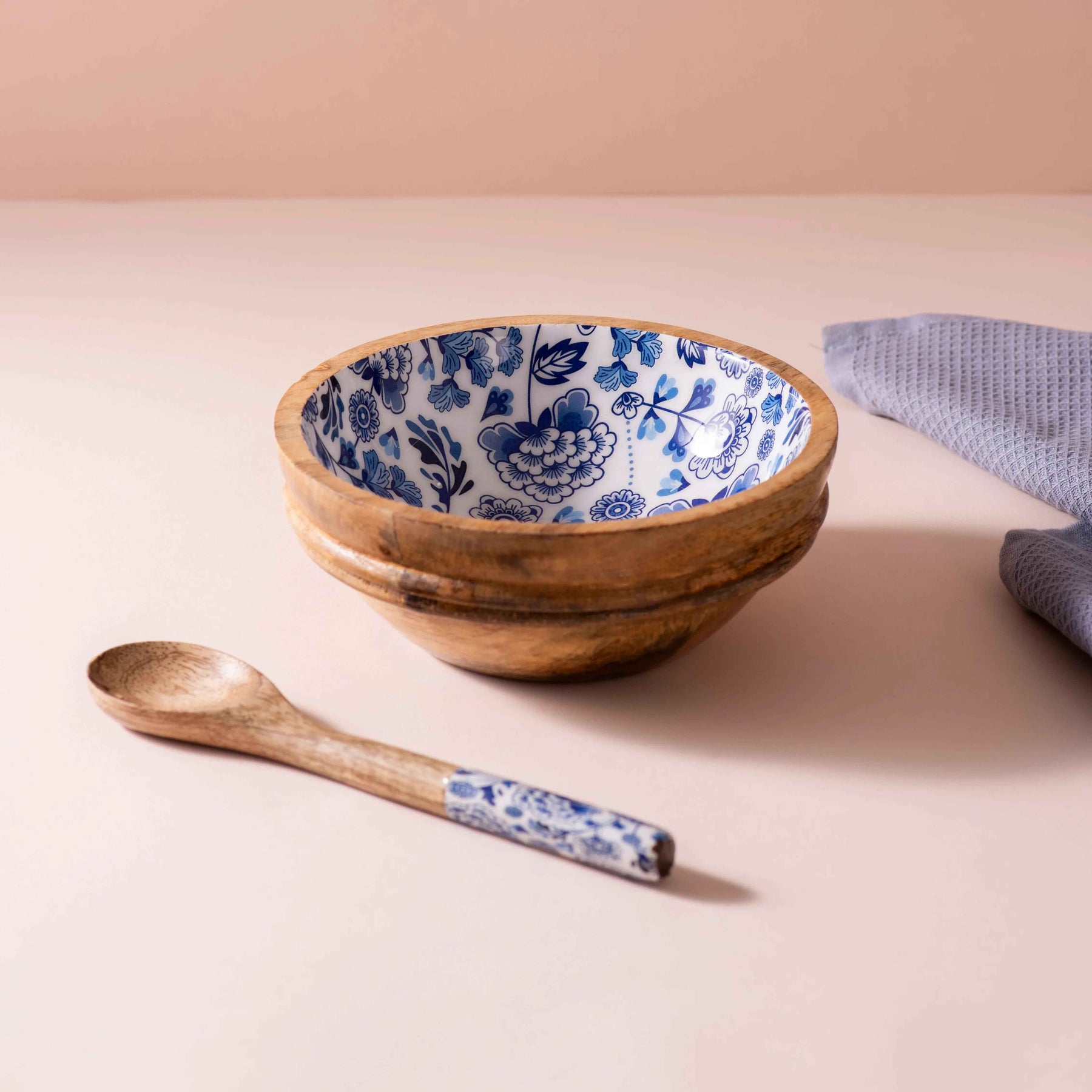 Wooden Serving Bowl with Spoon in Indigo Floral Design