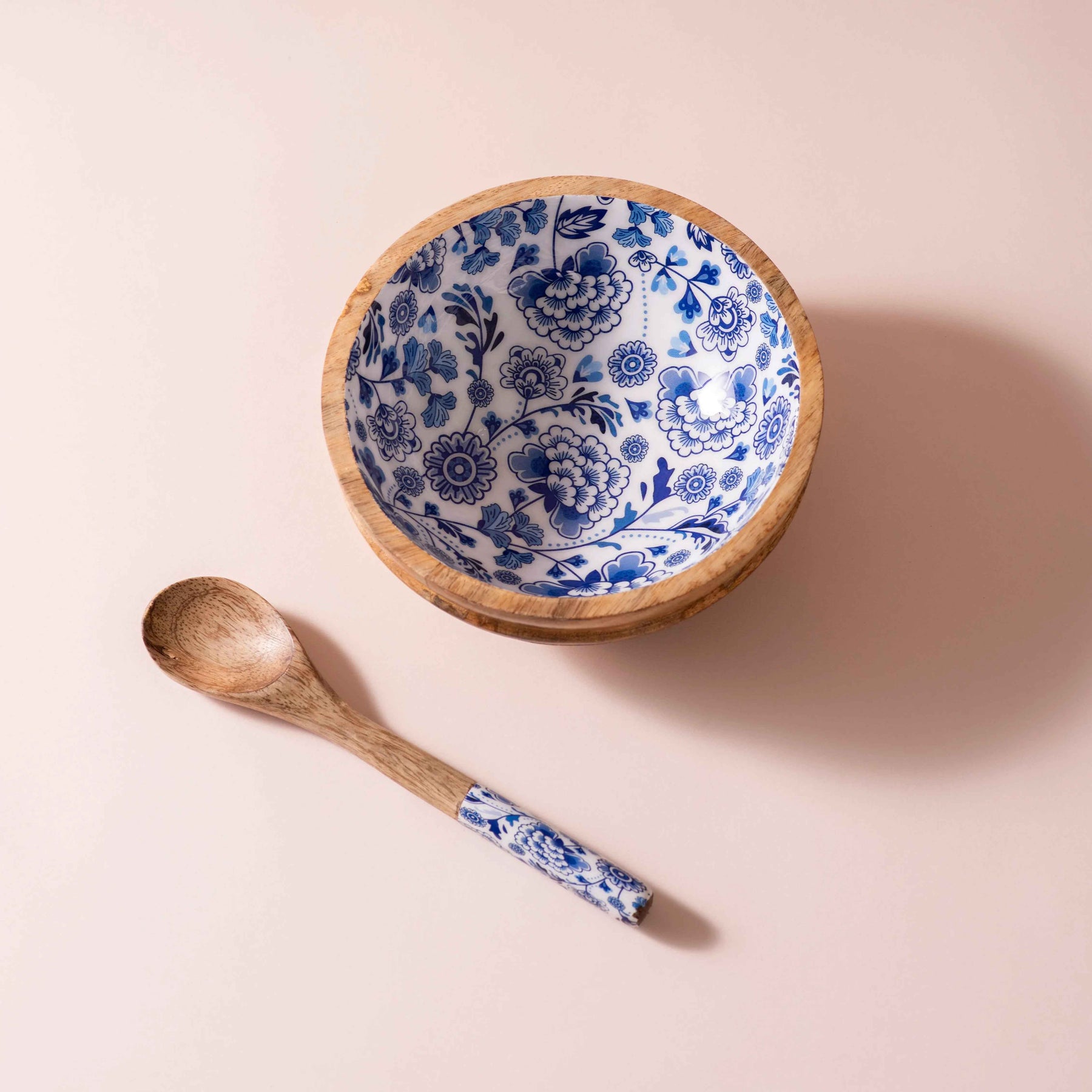 Wooden Serving Bowl with Spoon in Indigo Floral Design