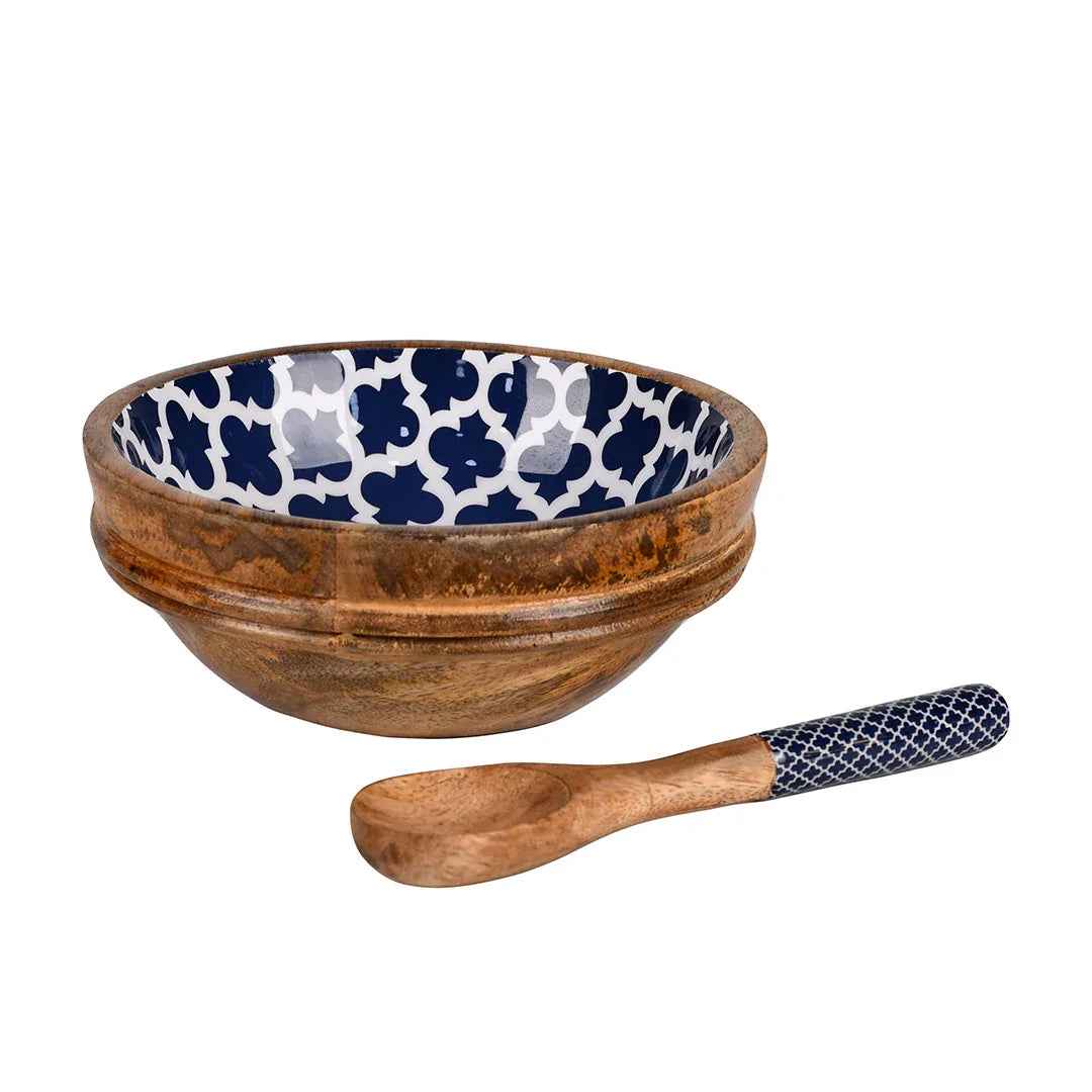 Wooden Serving Bowl with Spoon in Moroccan Trellis Design