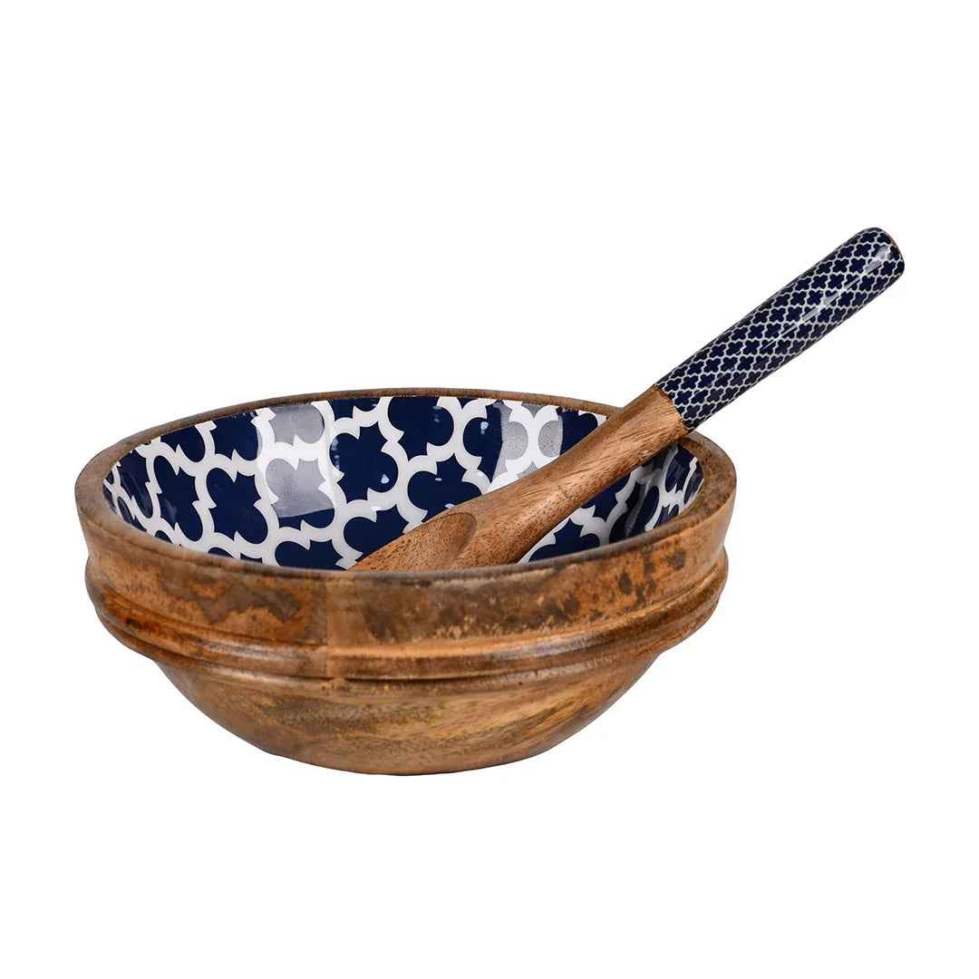 Wooden Serving Bowl with Spoon in Moroccan Trellis Design