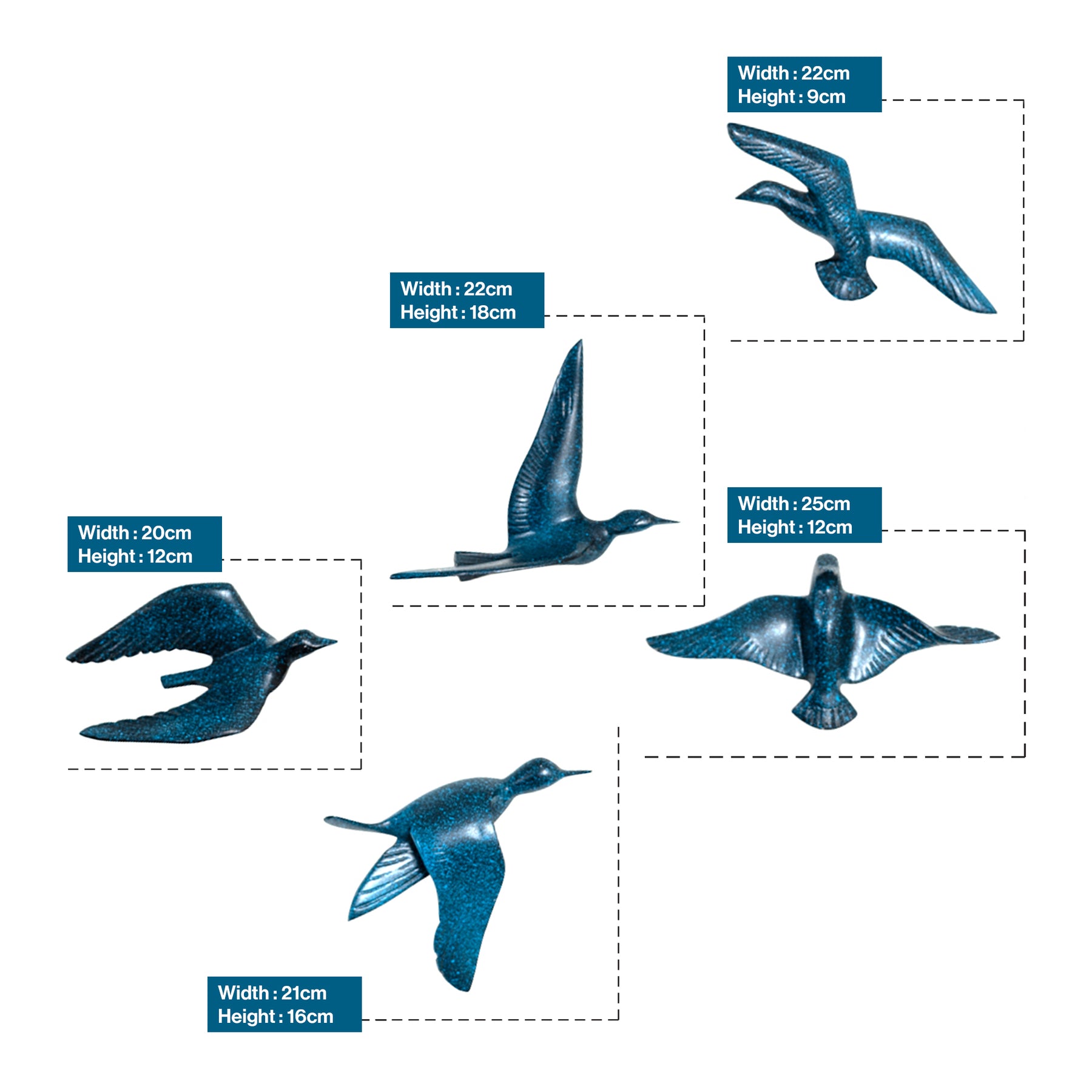 Resin Flying Birds Wall Hanging In Antique Azure (Set Of 5)