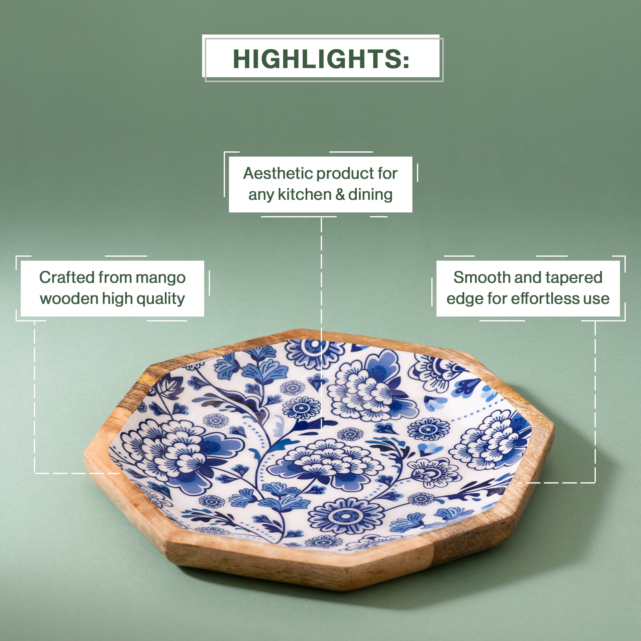 Handcrafted Mango-Wood Blueflower Printed Platters Tray-Set Of 2