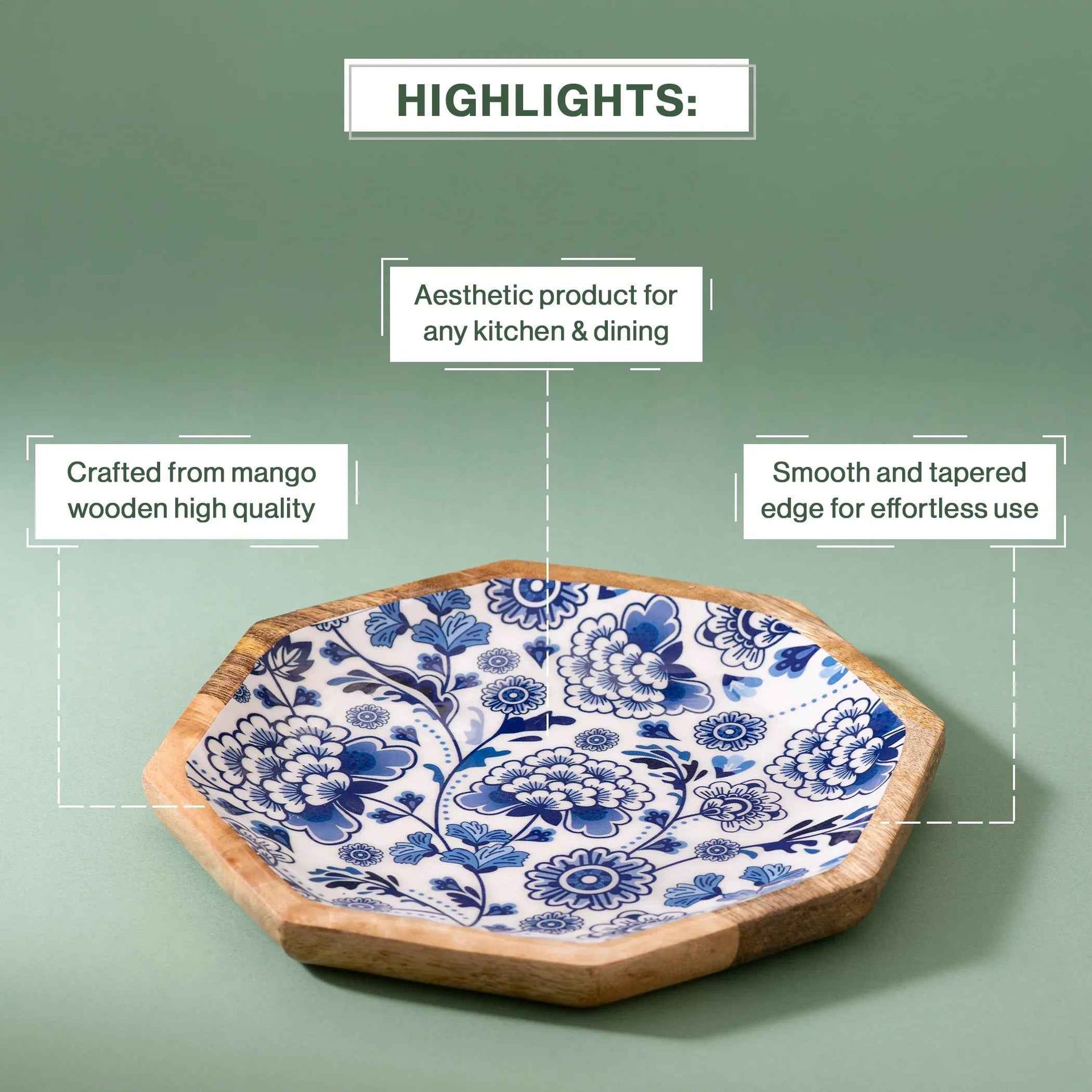 Luxury Mango Wood Serving Platters with Blue Floral Print