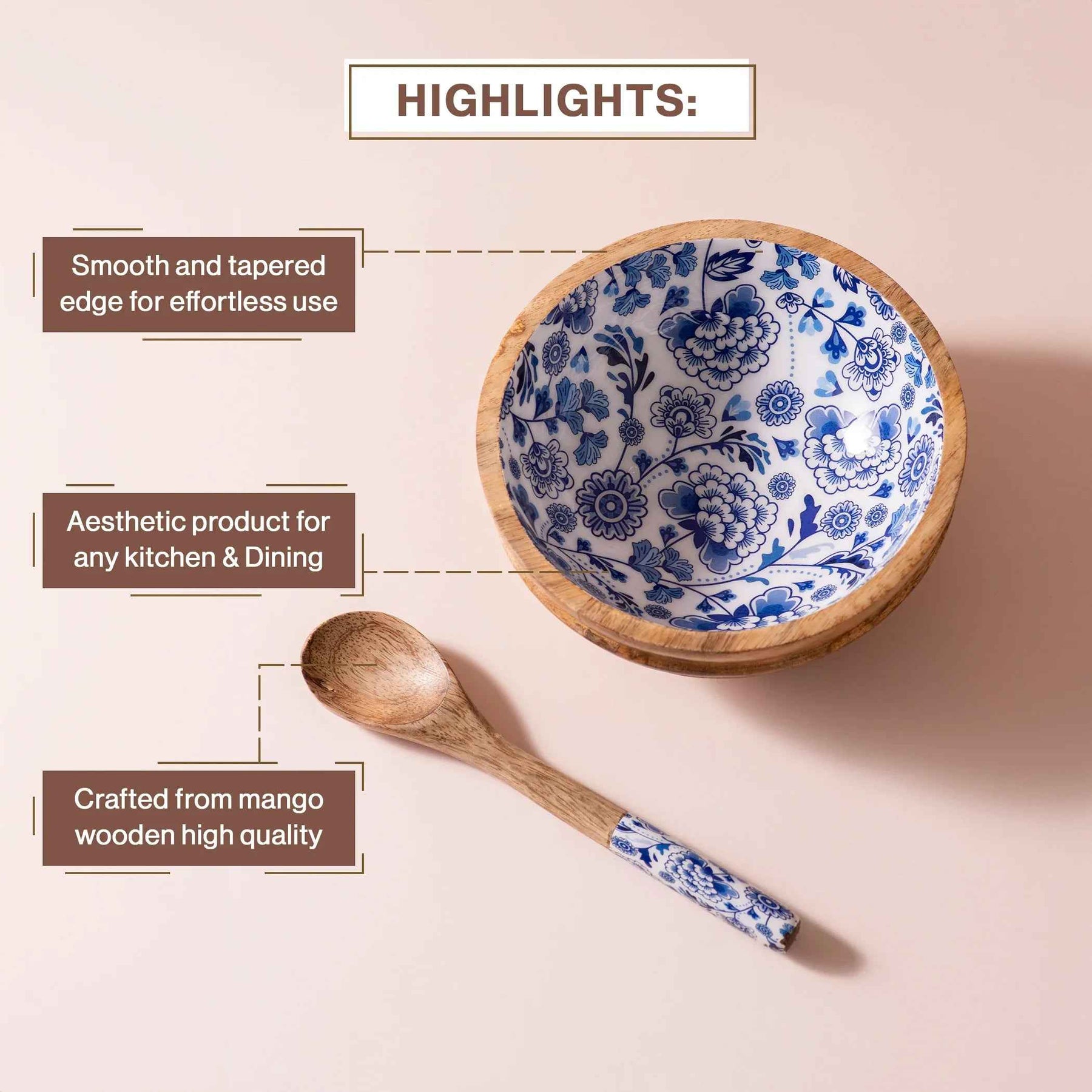 Wooden Serving Bowl with Spoon in Indigo Floral Design