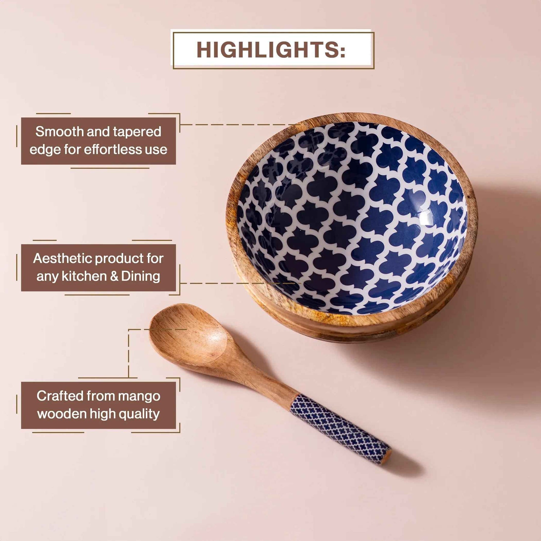 Wooden Serving Bowl with Spoon in Moroccan Trellis Design