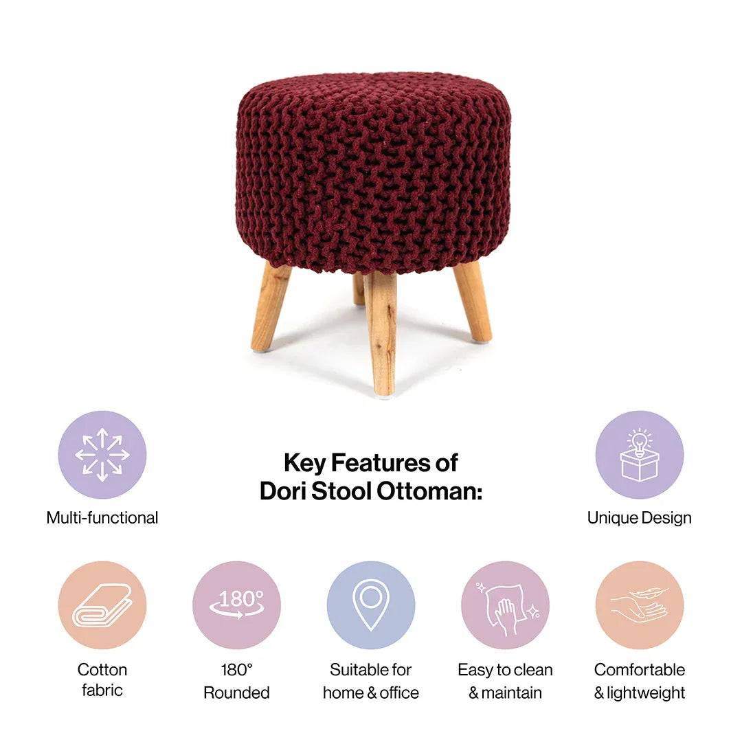 Pouffe Ottoman Dori Stool with Wooden Leg Set of 2 in Vintage Wine