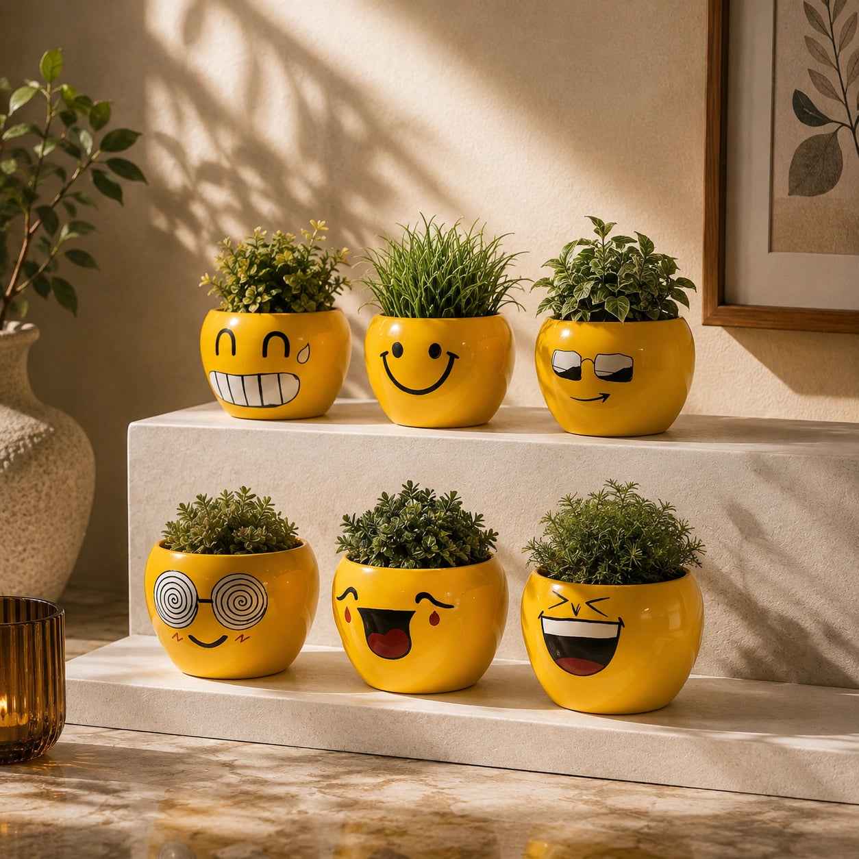 Decorative Smiley Face Emoji Flower Planter Pot (Yellow)