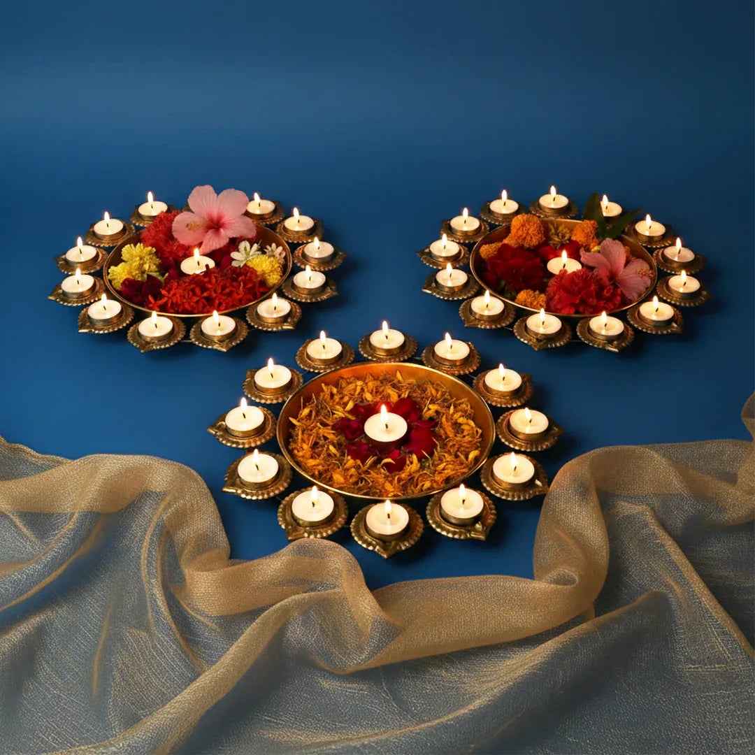 Golden Lotus Diya (Urli) Stand Set of 3