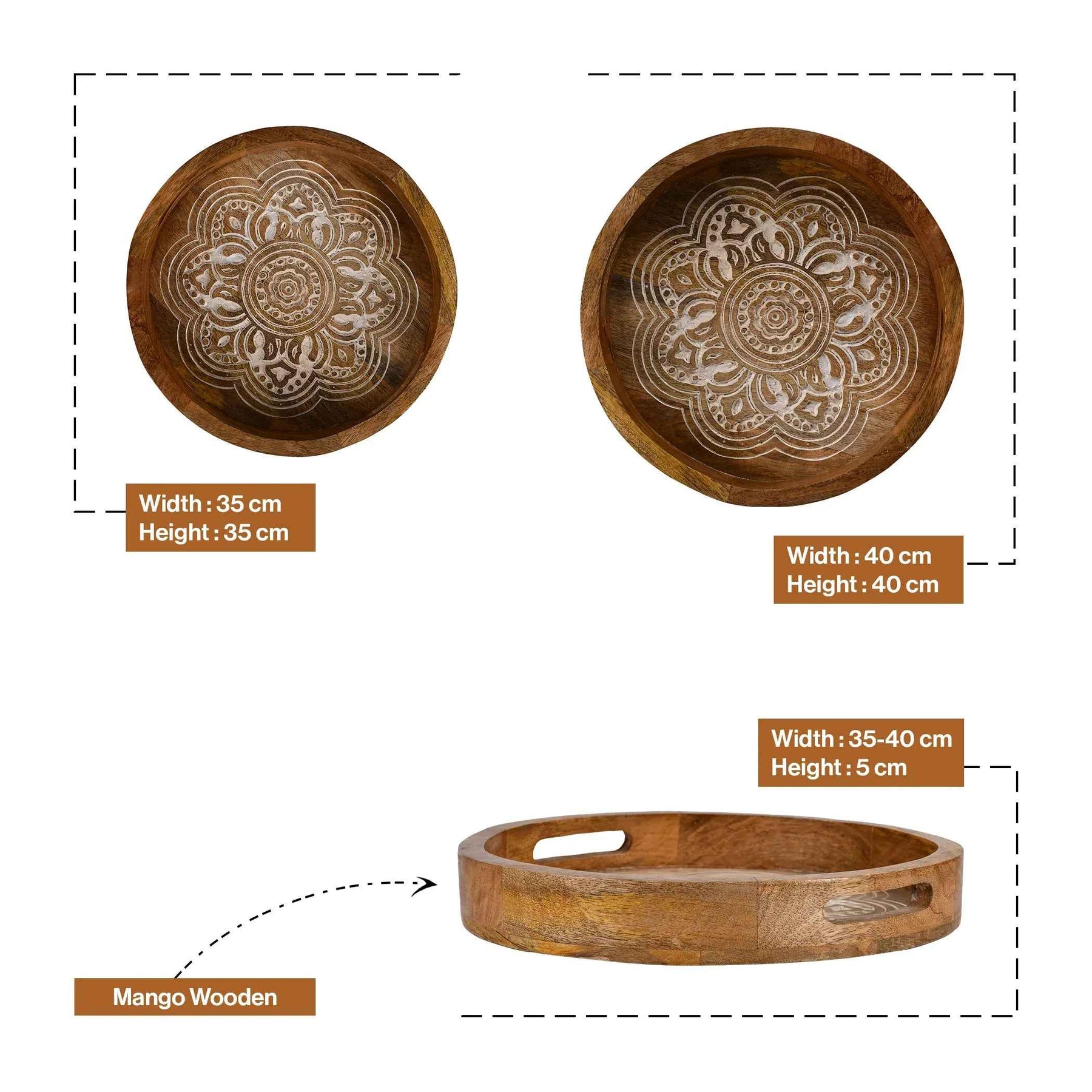 Wooden Round Serving Tray Set with Traditional Mandala Design