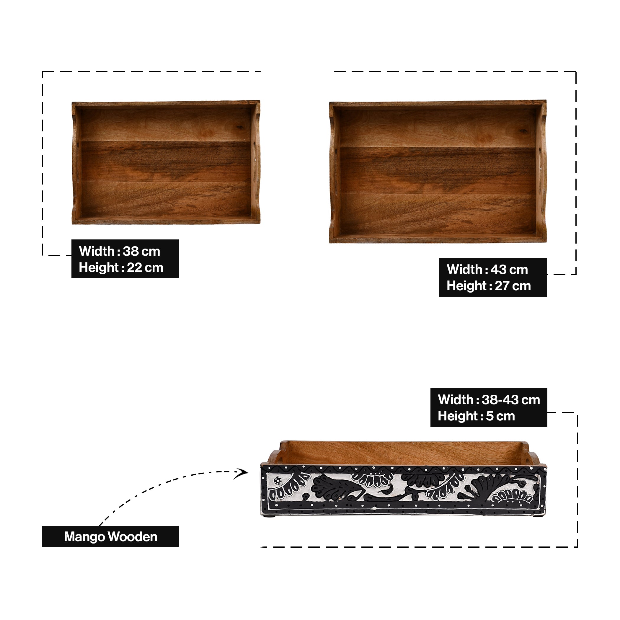 Mango-Wood Handcrafted Wooden Square Tray In Grey Wooden Design-Set Of 2